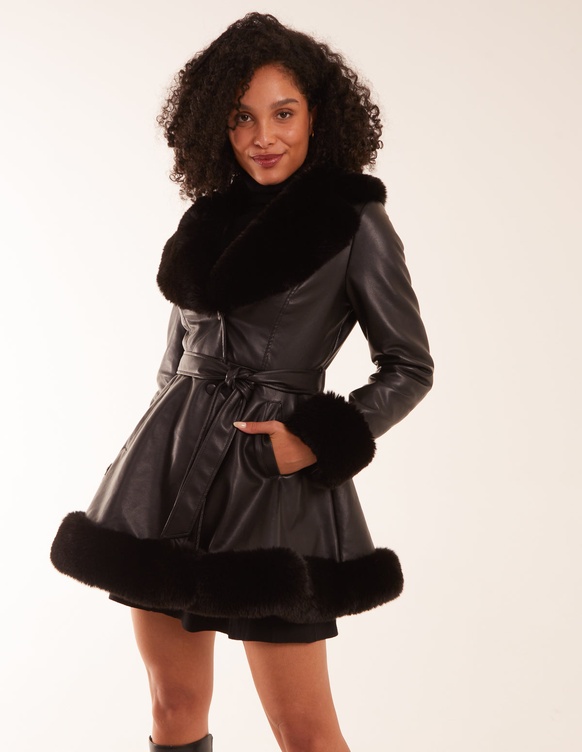 PU Faux Fur Trimmed Belted Coat - 8 / BLACK