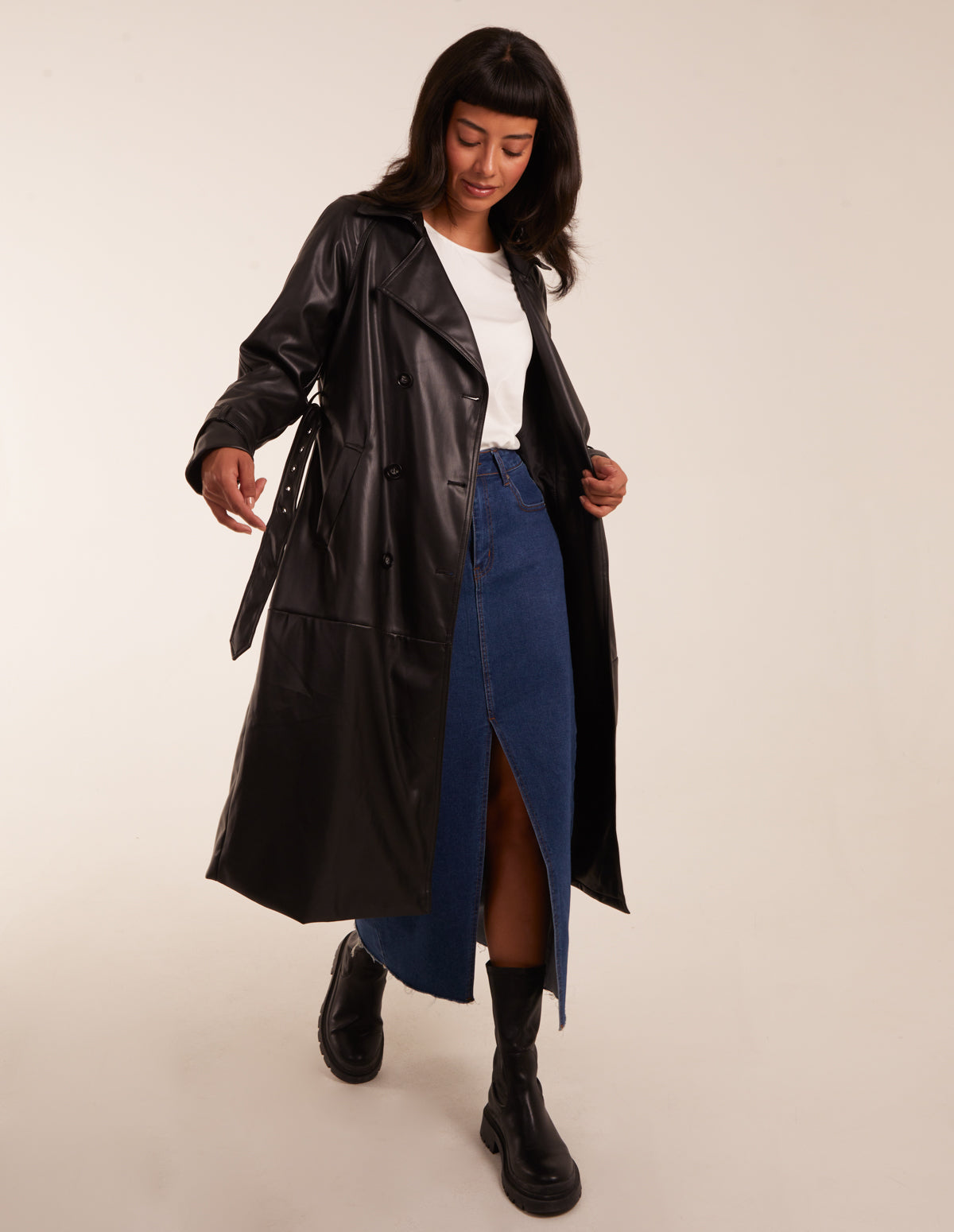 Faux Leather Belted Trench Coat - 12 / BLACK