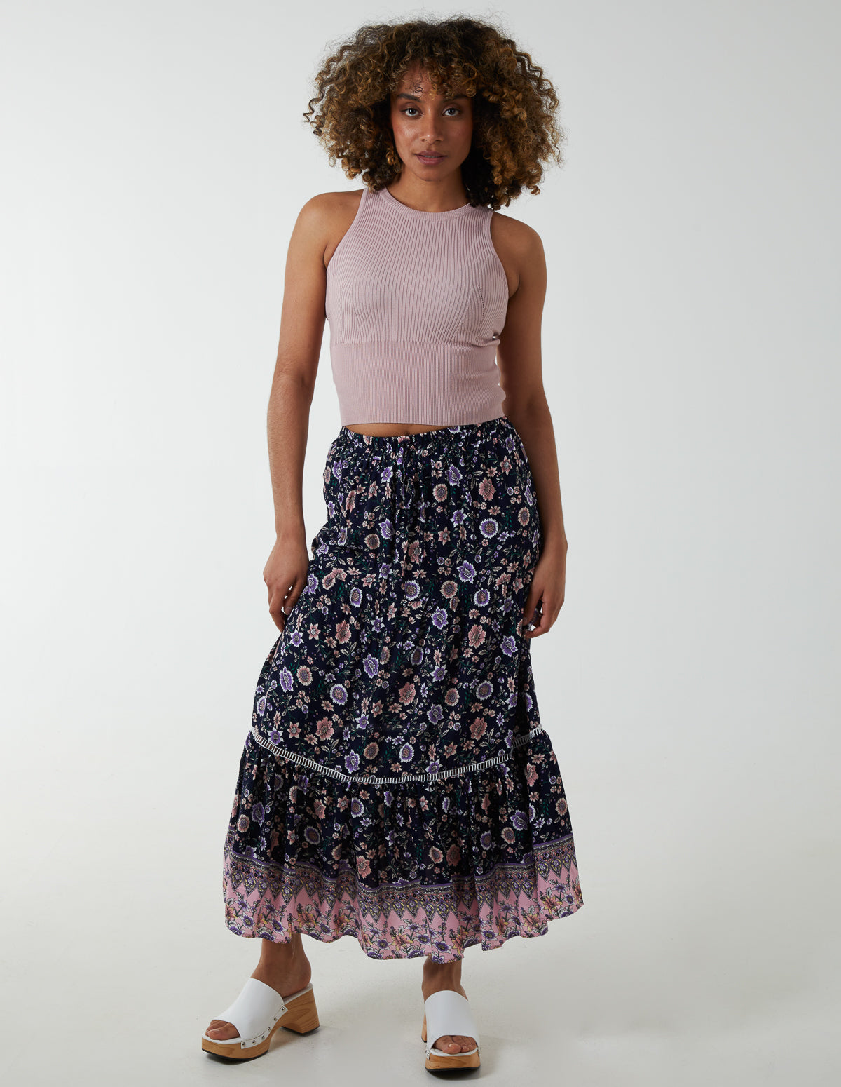 Elasticated Waistband Tiered Midi Skirt - S / NAVY