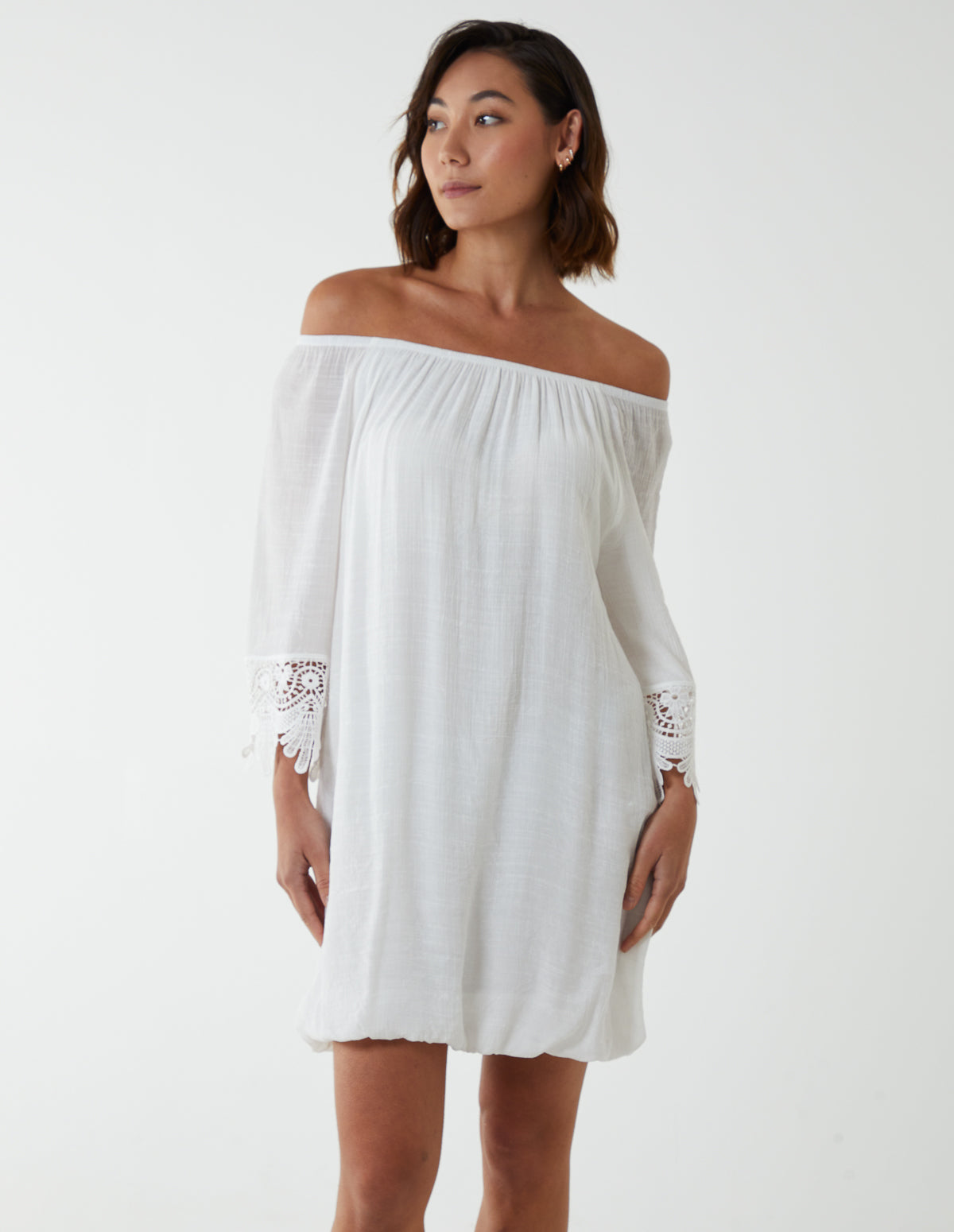 Bardot Tunic Dress With Crochet Lace Sleeves 