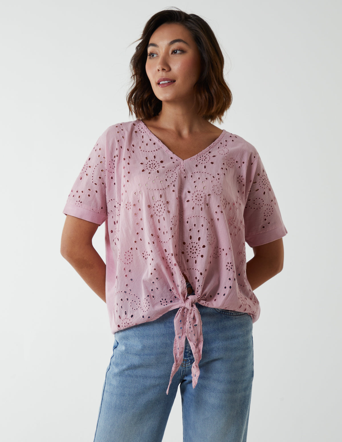 Broderie Batwing Knot Front Top 