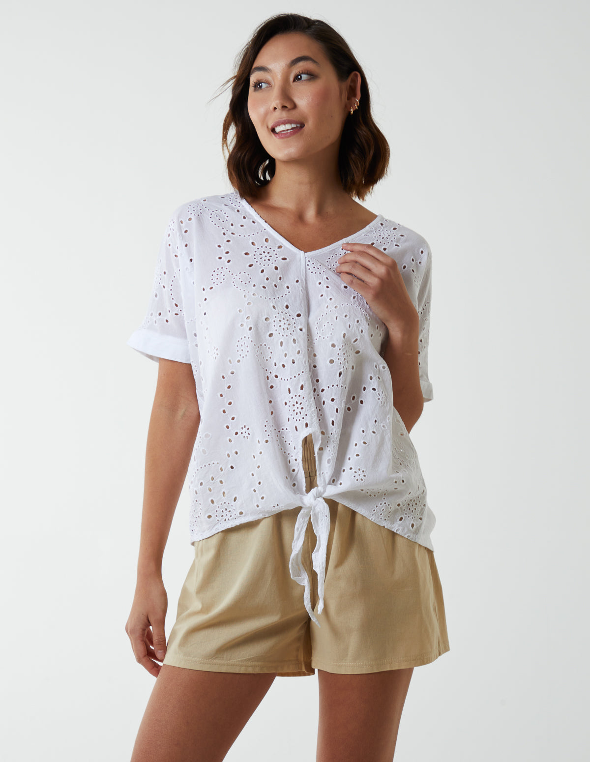 Broderie Batwing Knot Front Top 