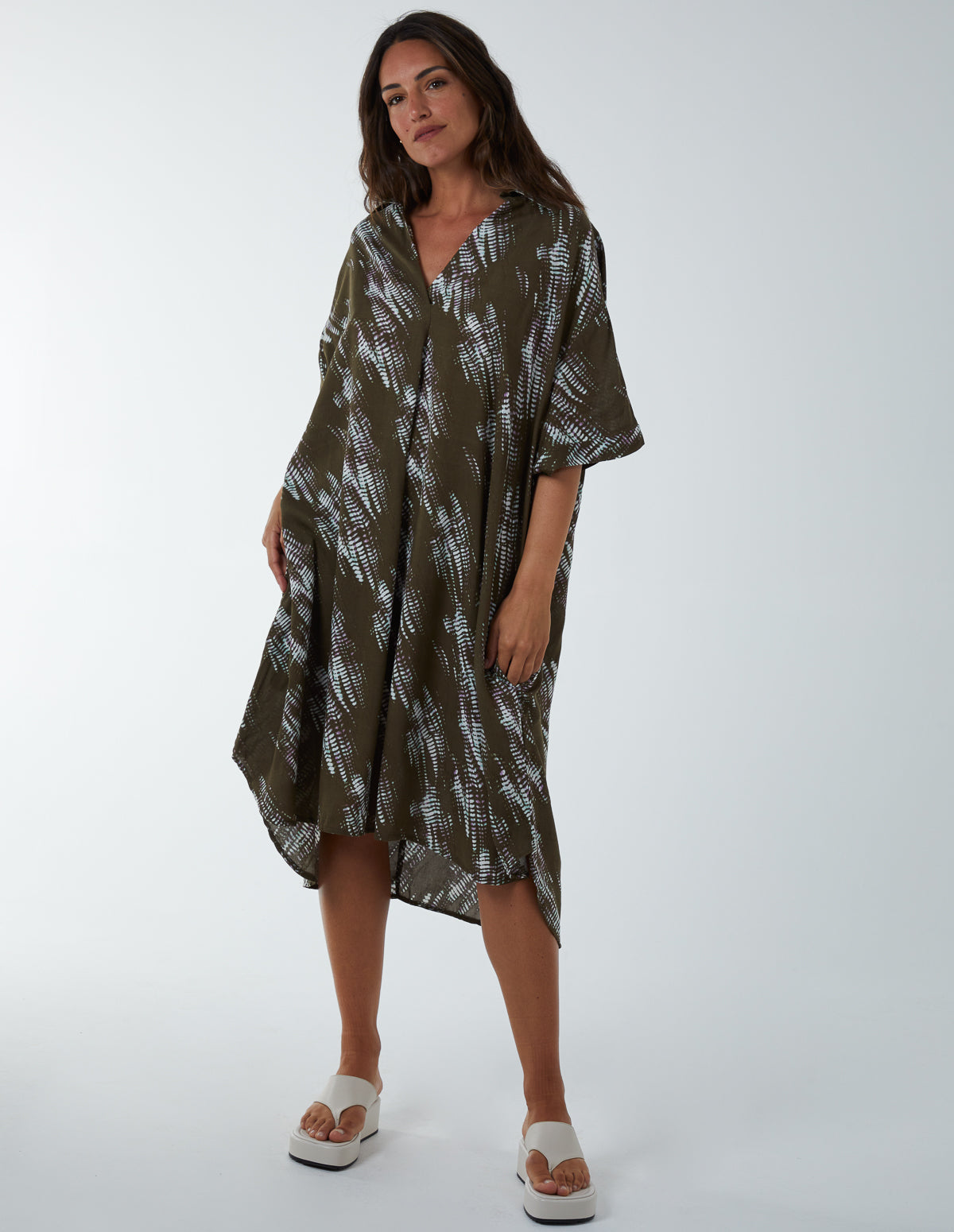 Printed Collar Tunic Dress - S/M / KHAKI