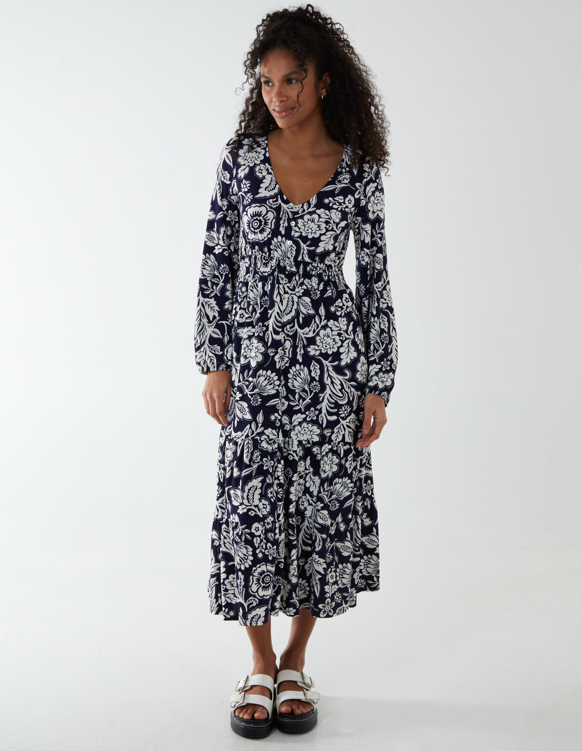 Floral Button Front Midi Dress 