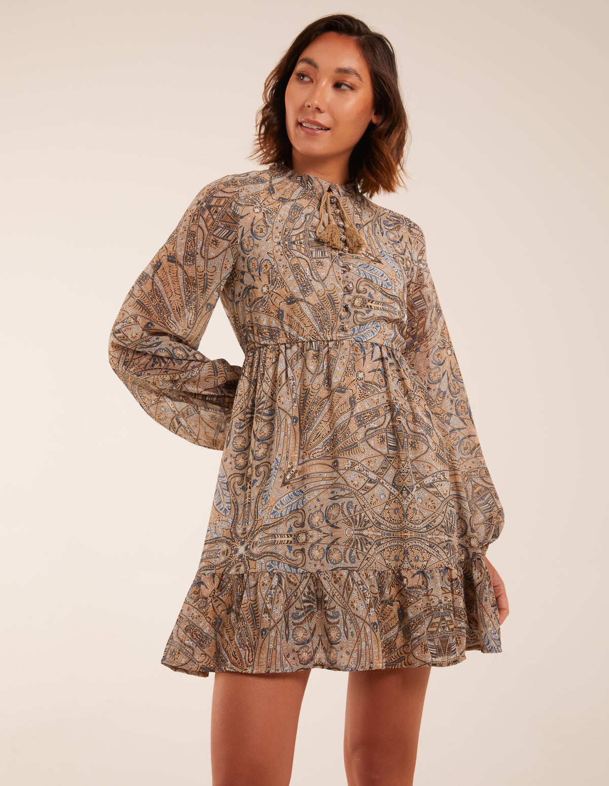 Button Through Tassel Peasant Mini Dress 