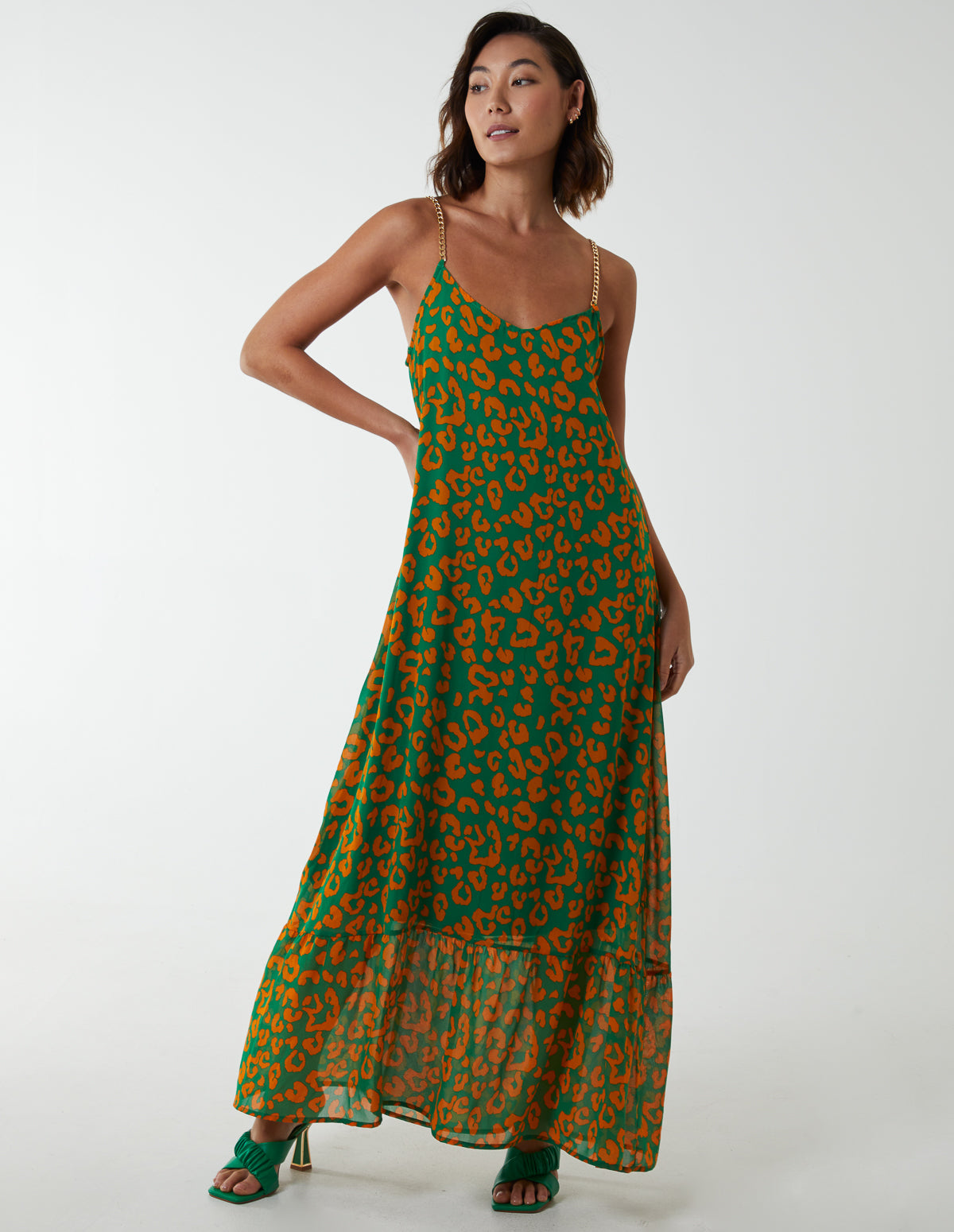 Chain Strap Leopard Print Maxi Dress 