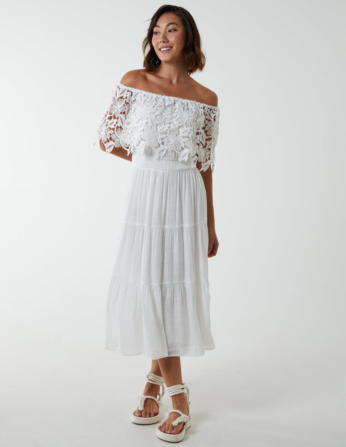 Crochet Lace Shirred Waist Midi Dress 