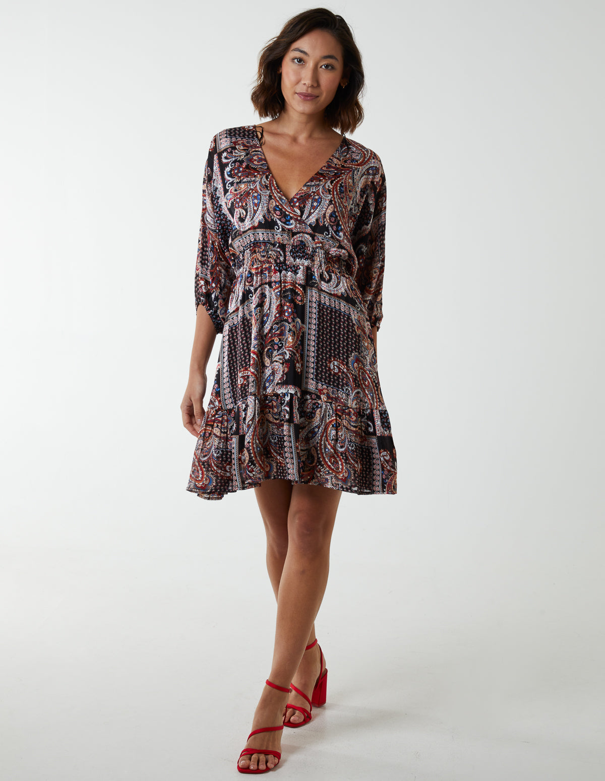 Paisley Wrap Front Pleated Kimono Sleeve Dress 