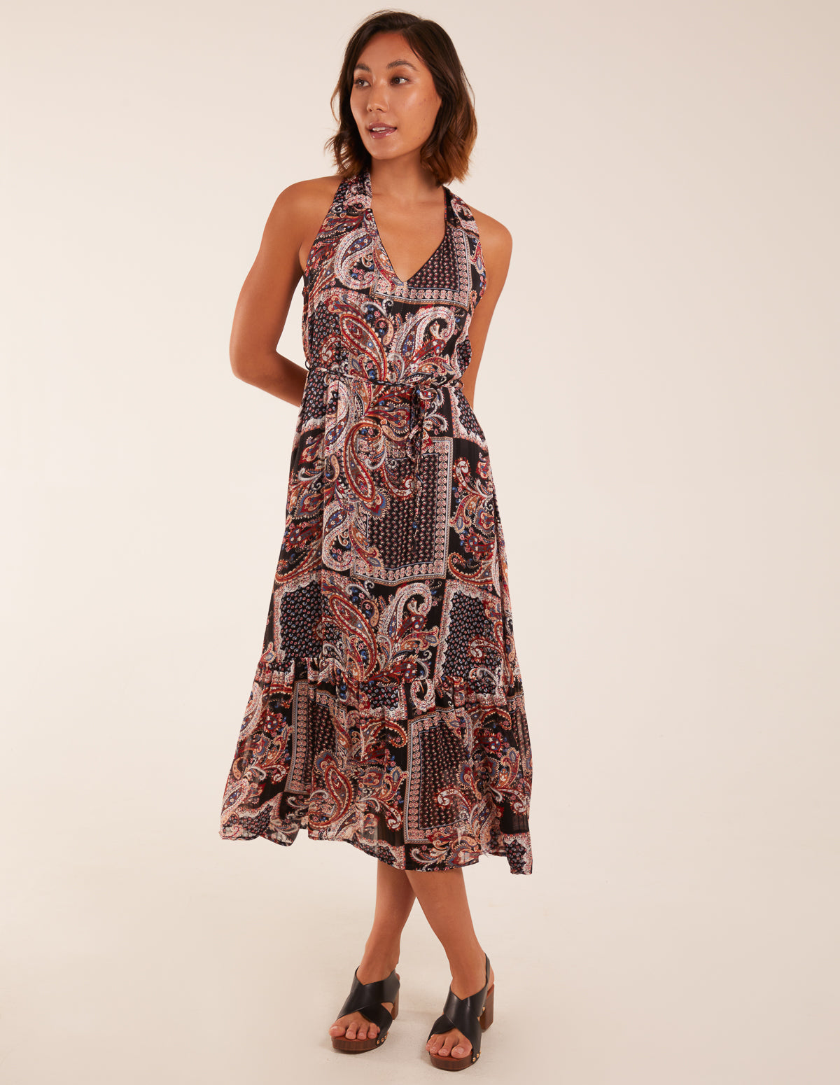 V Front Sleeveless Paisley Midi Dress With Detailed Straps 