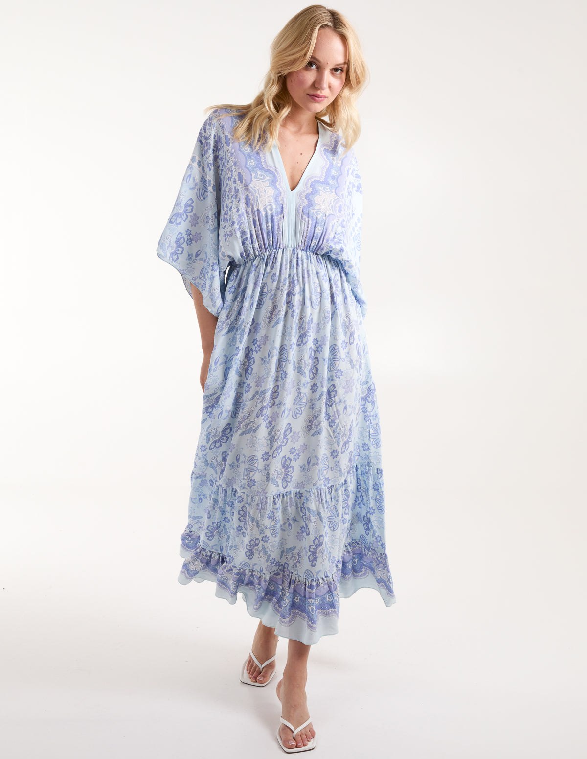 V Neck Flutter Sleeve Maxi Dress 