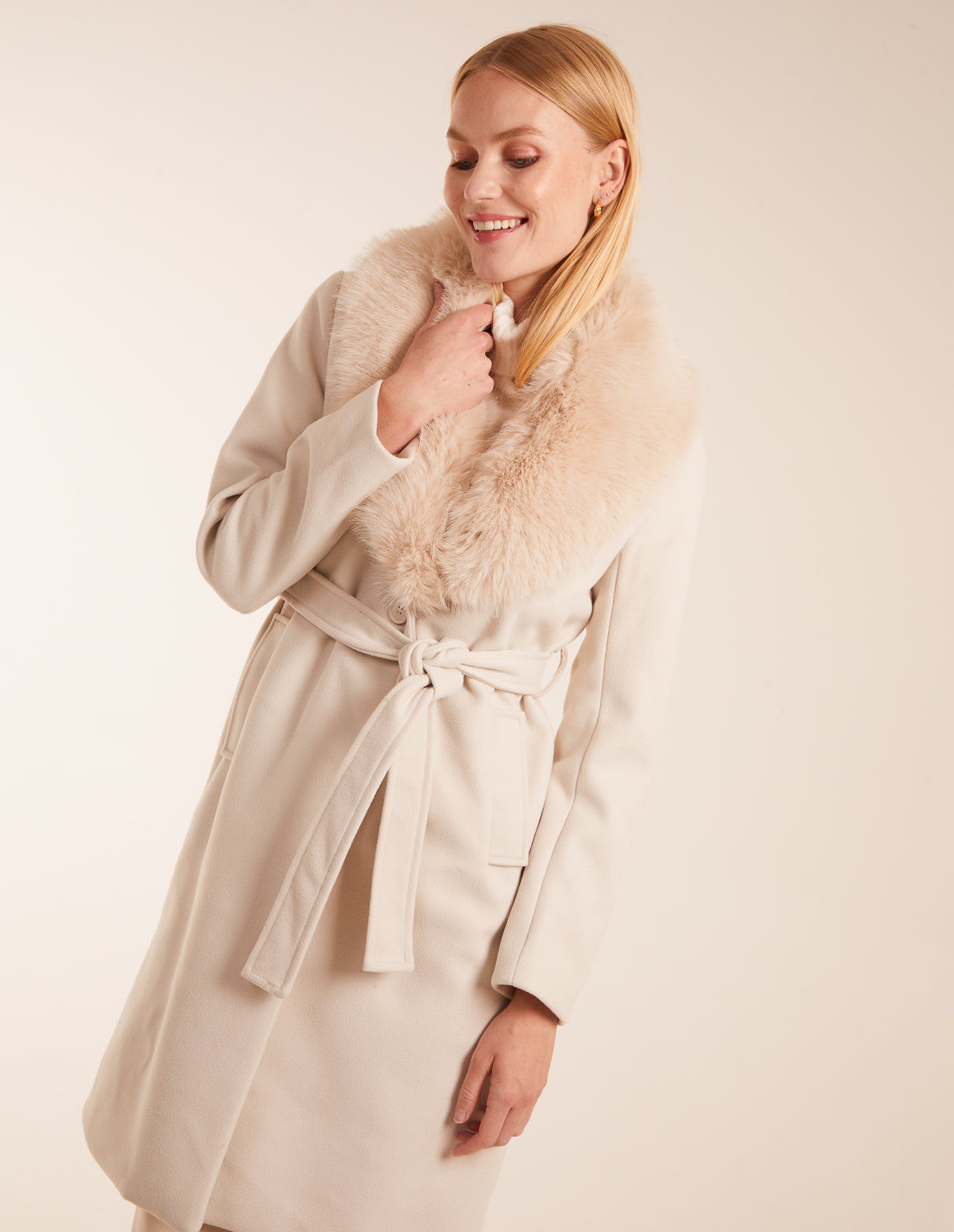 Faux Fur Collared Belted Coat - 18 / STONE