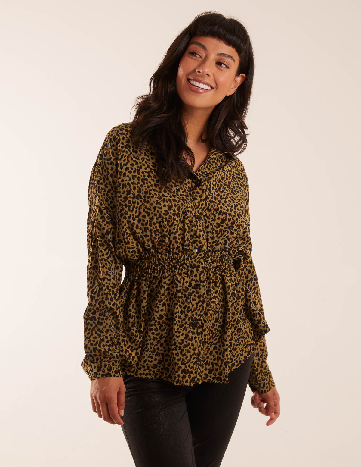 Leopard Print Shirred Waist Shirt 