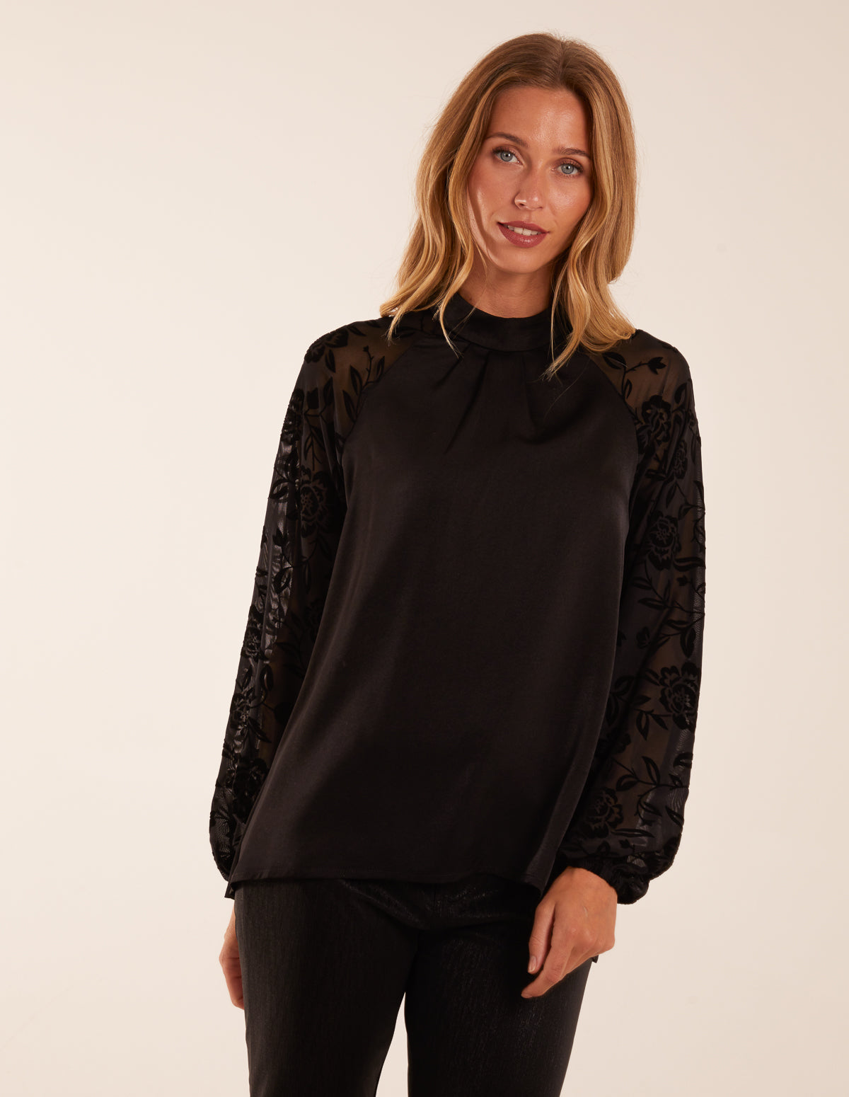 High Neck Flocked Sleeve Top - S / BLACK