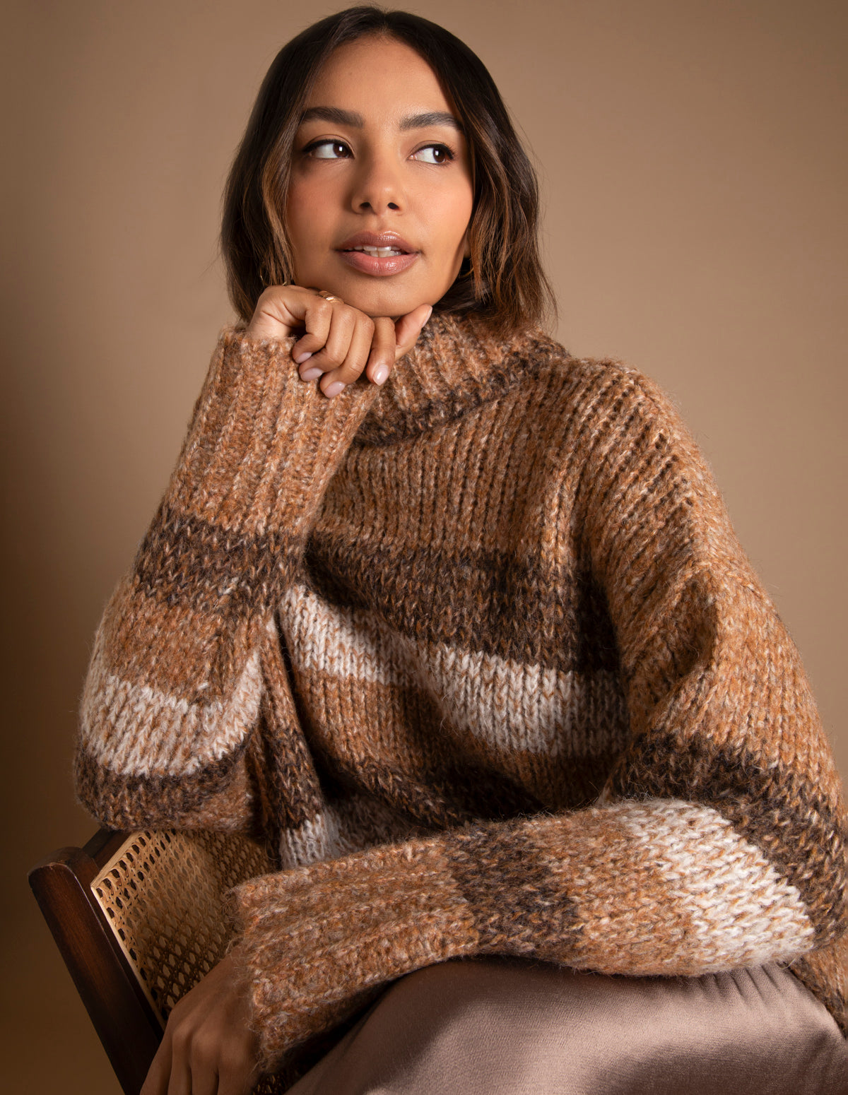 Stripe Chunky Knit Funnel Neck Jumper - S/M / LIGHT BROWN