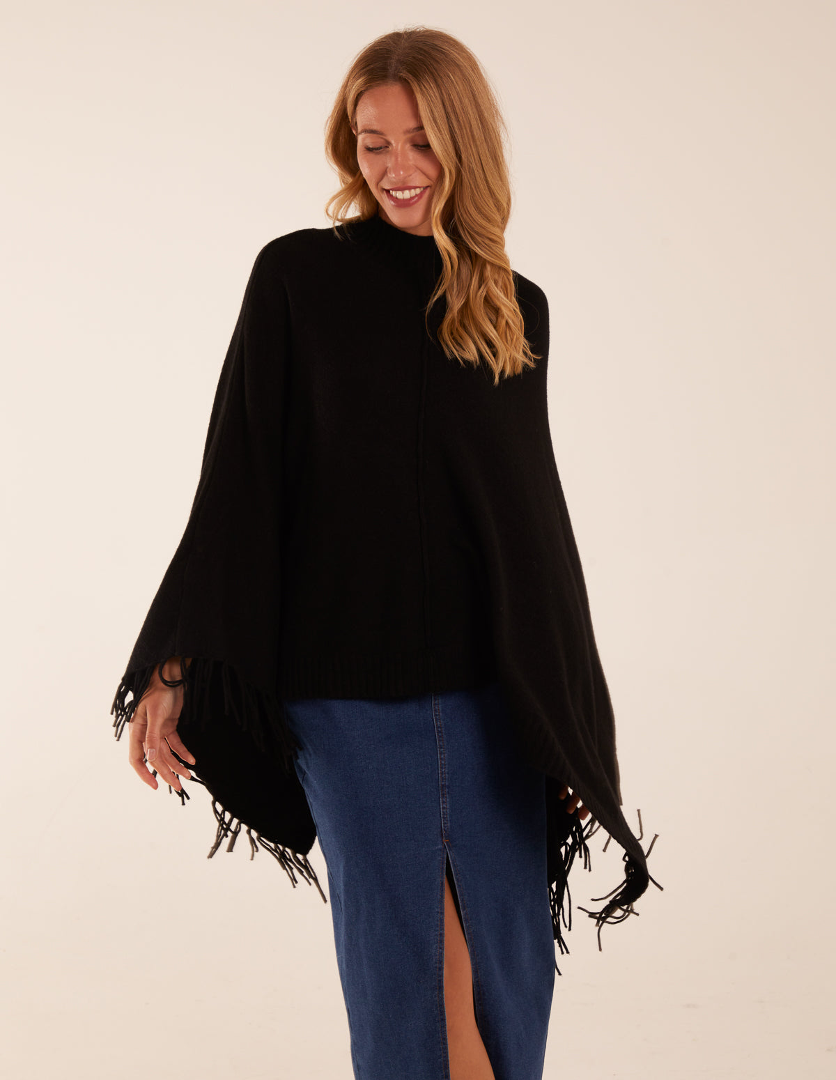 Tassel High Neck Poncho 