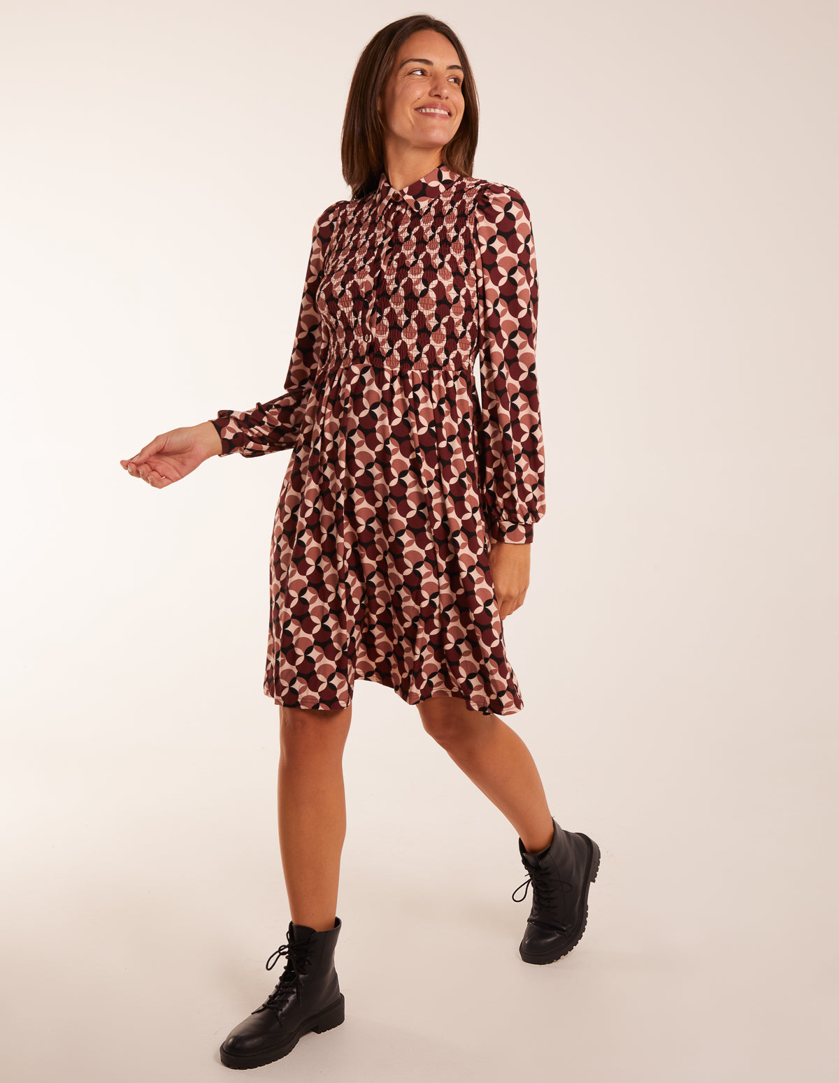 Geometric Print Shirred Bust Long Sleeve Shirt Dress 