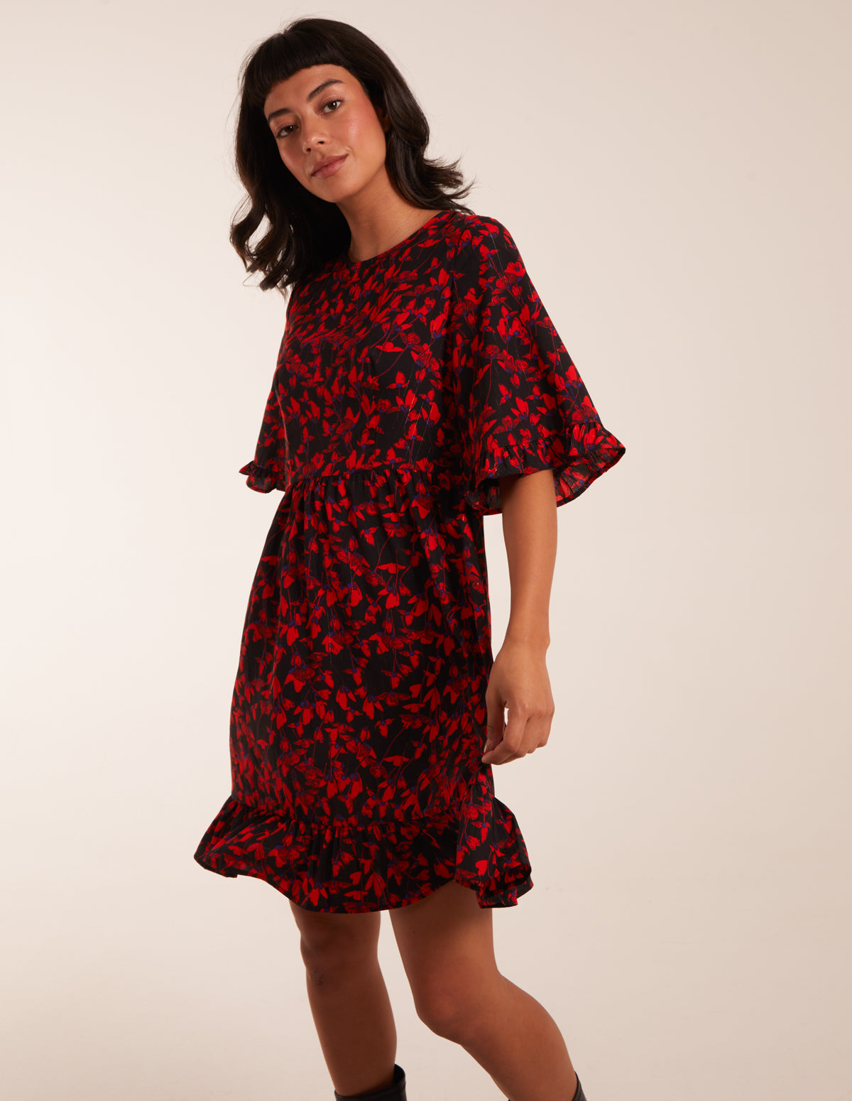 Floral Frill Hem Swing Mini Dress - 12 / RED