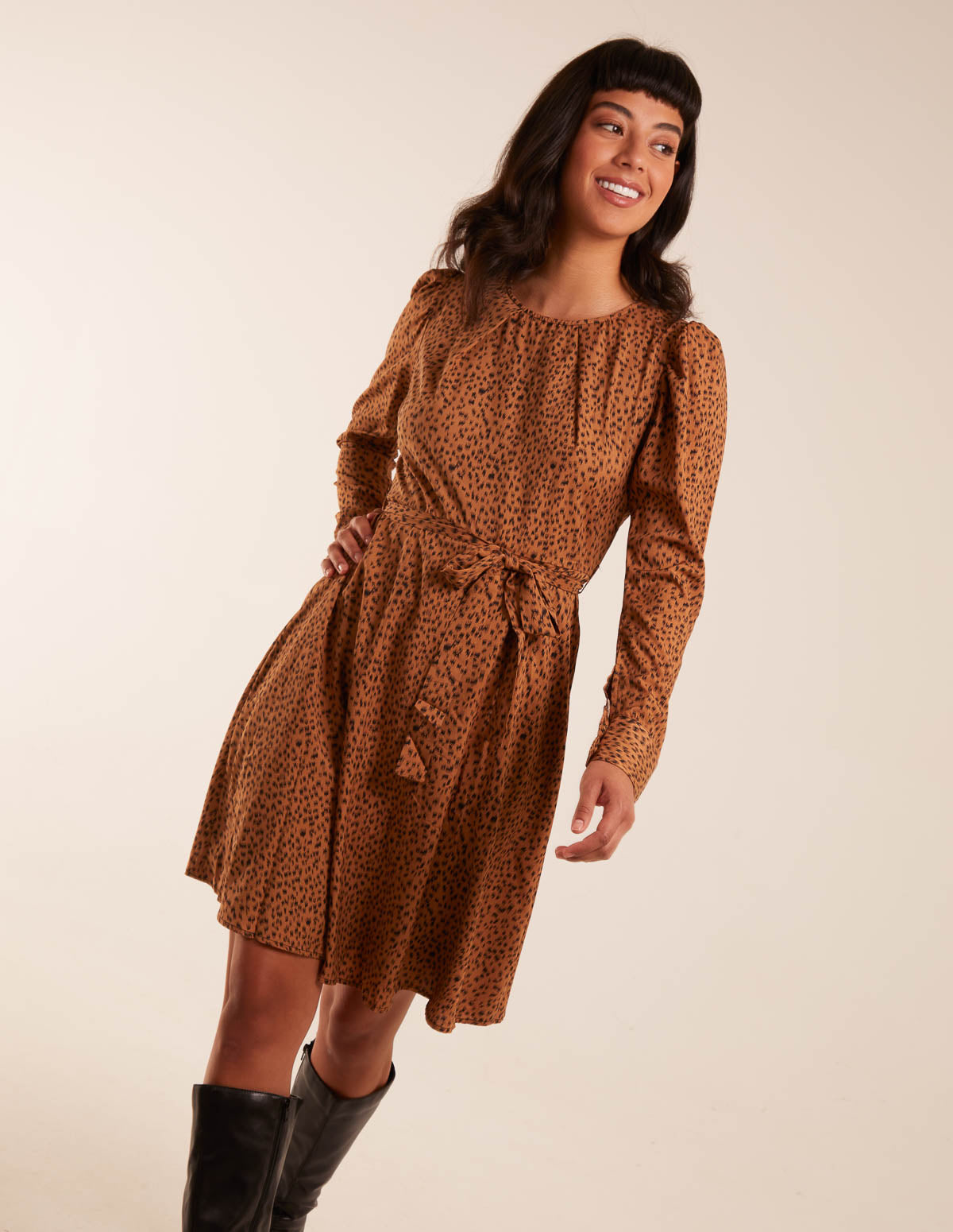 Leopard Print Round Neck Skater Mini Dress - 14 / Camel