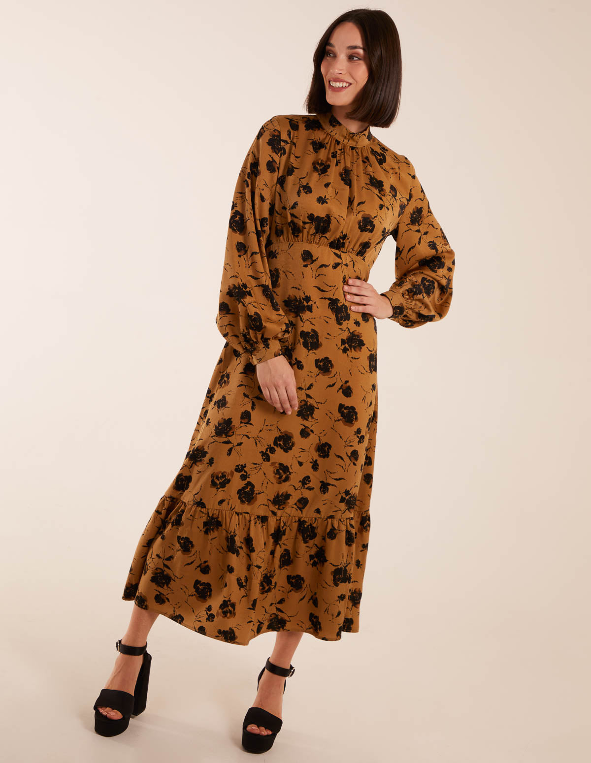 High Neck Midi Dress With Tiered Skirt and Puff Long Sleeve - 16 / GOLD