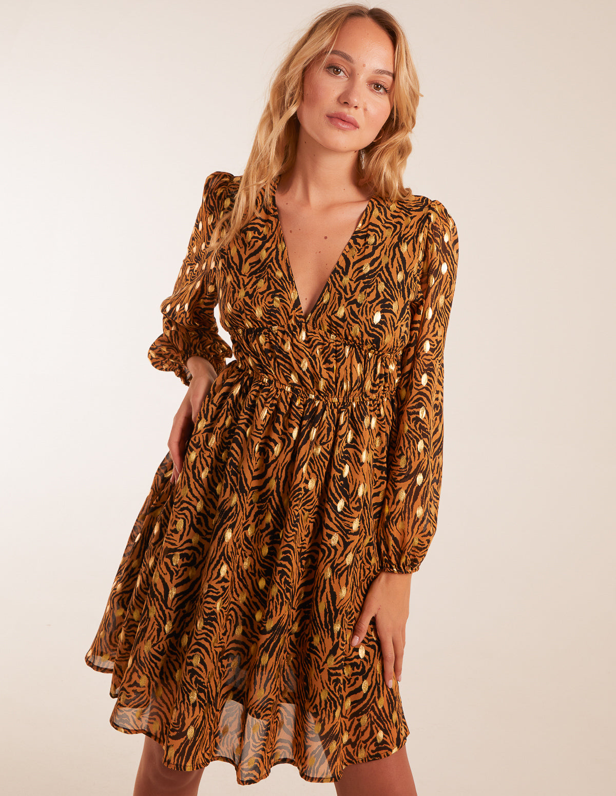 Shirred Waist Leopard Foil Wrap Front Mini Dress 
