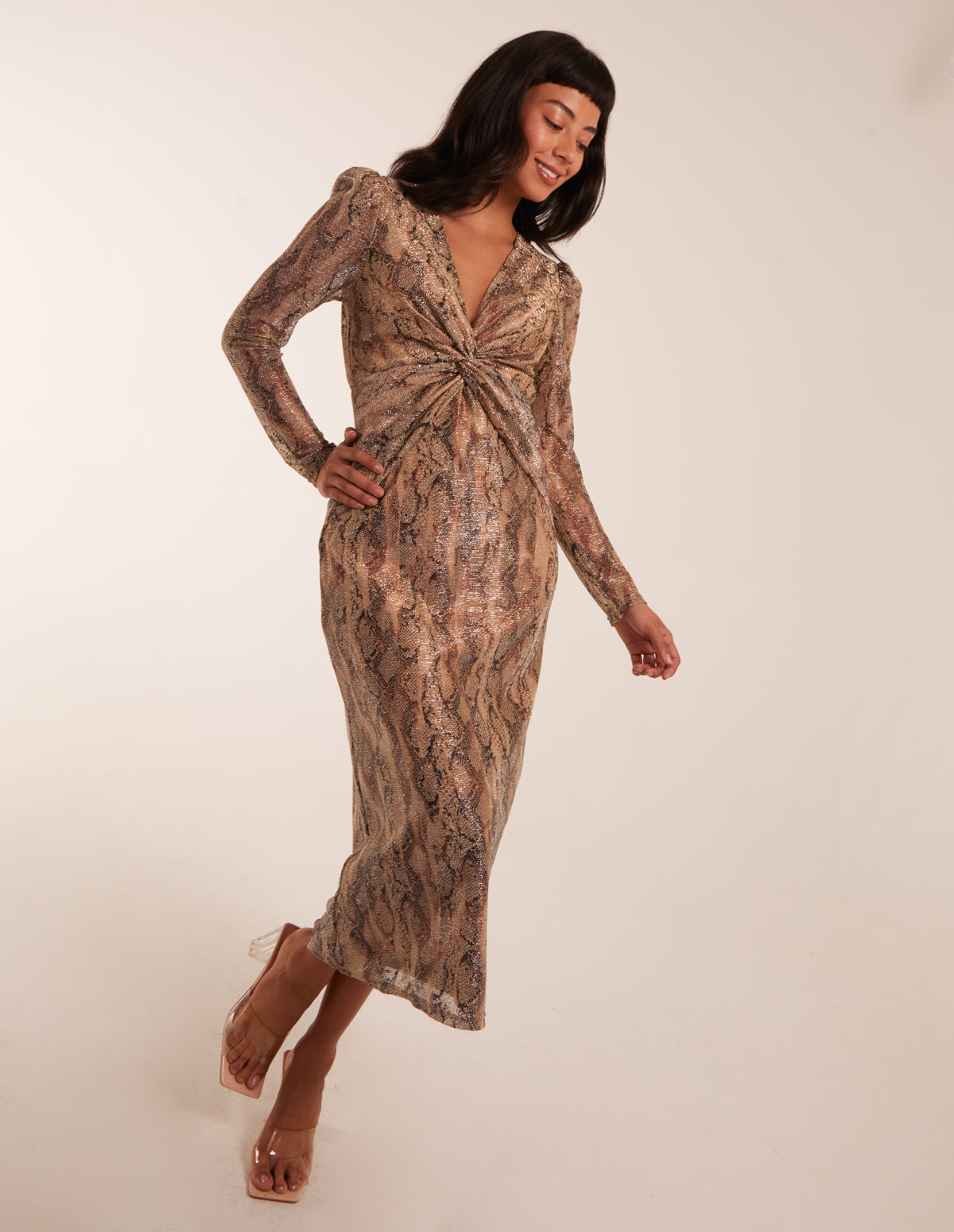 Snake Print Plisse Twist Front Dress 