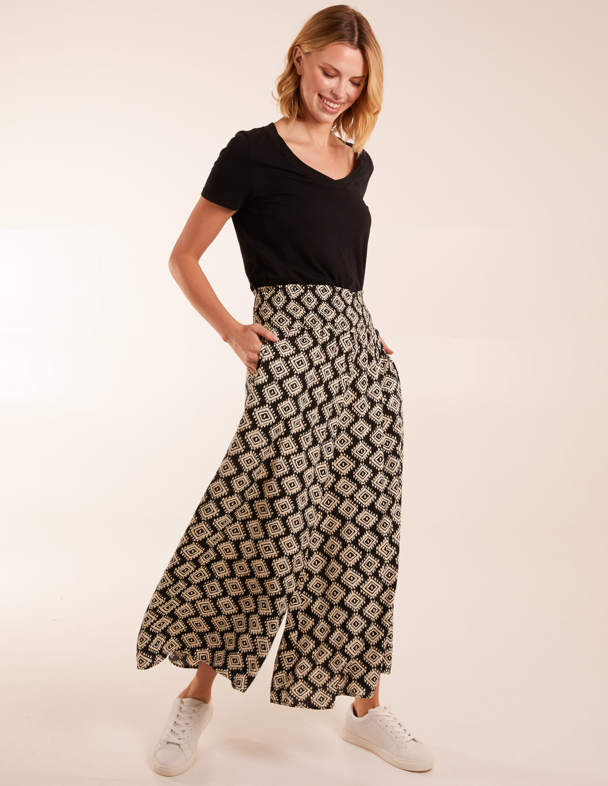 Shirred Waist Wide Leg Aztec Trouser 