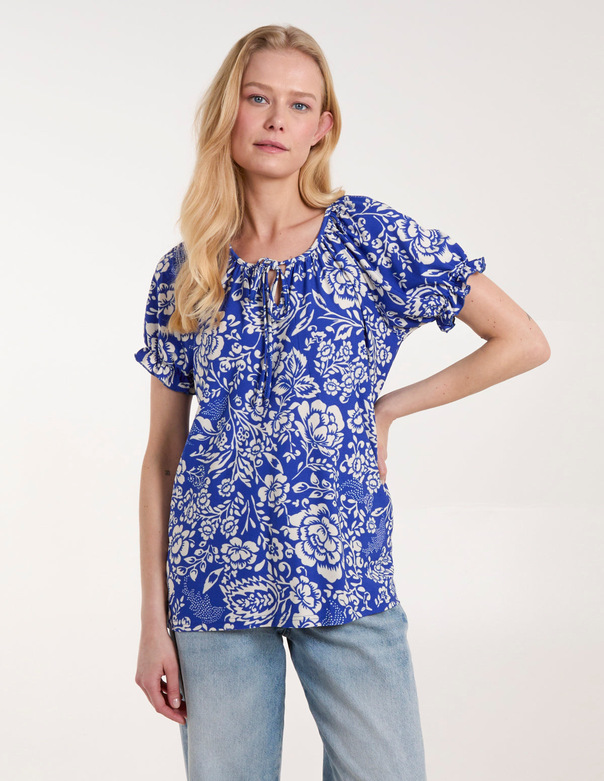 Shirred Sleeve Tie Front Top 