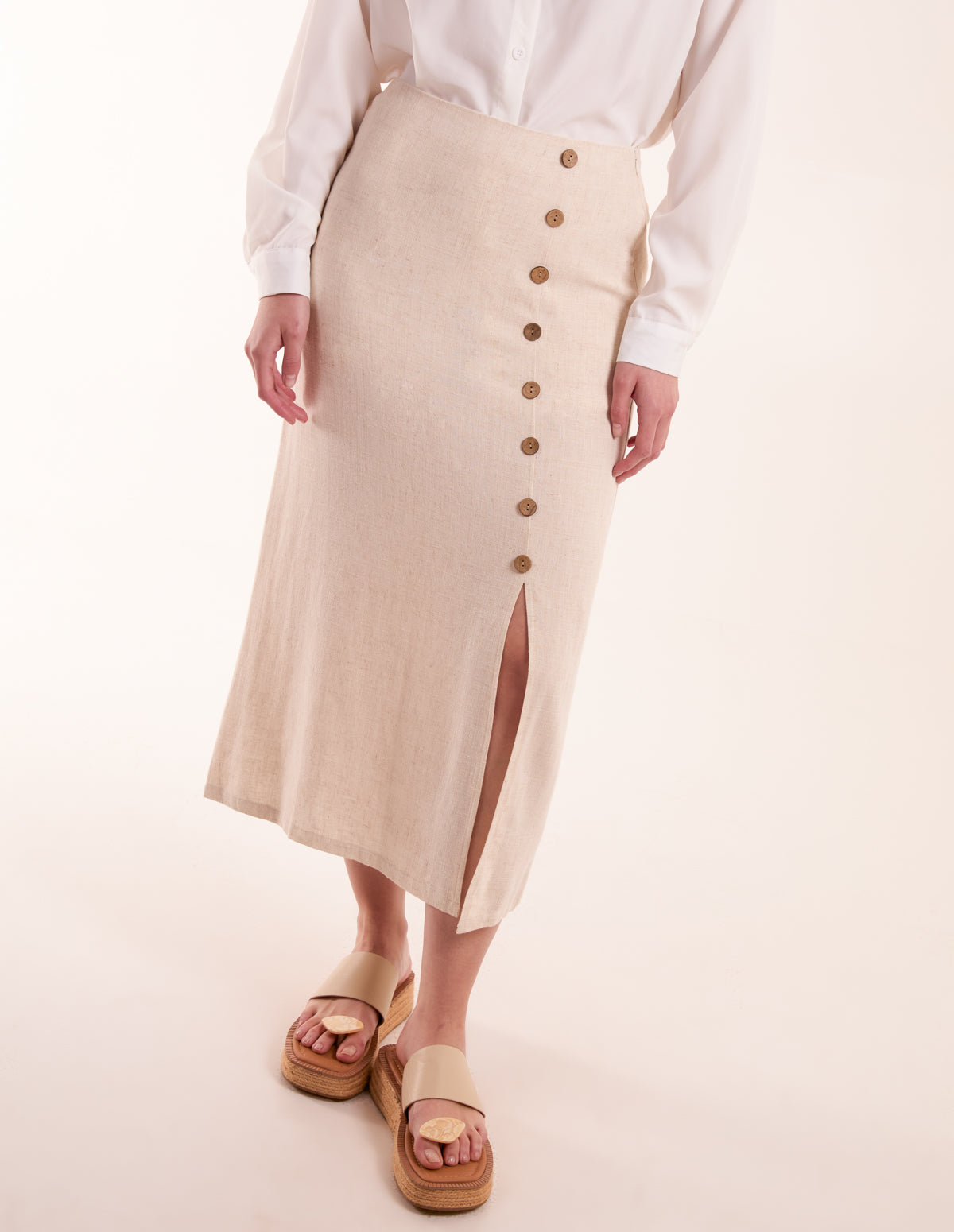 Linen Button Front Midi Skirt 