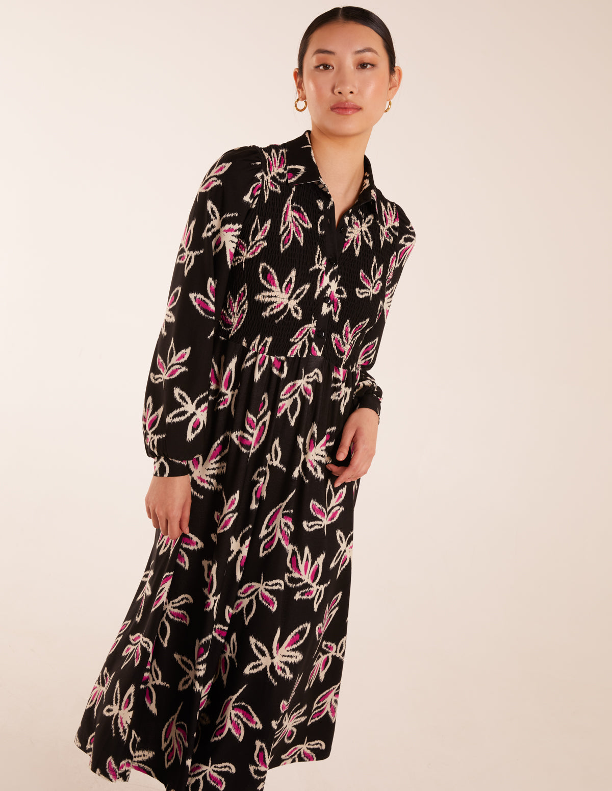 Shirred Bust Long Sleeve Midi Shirt Dress 