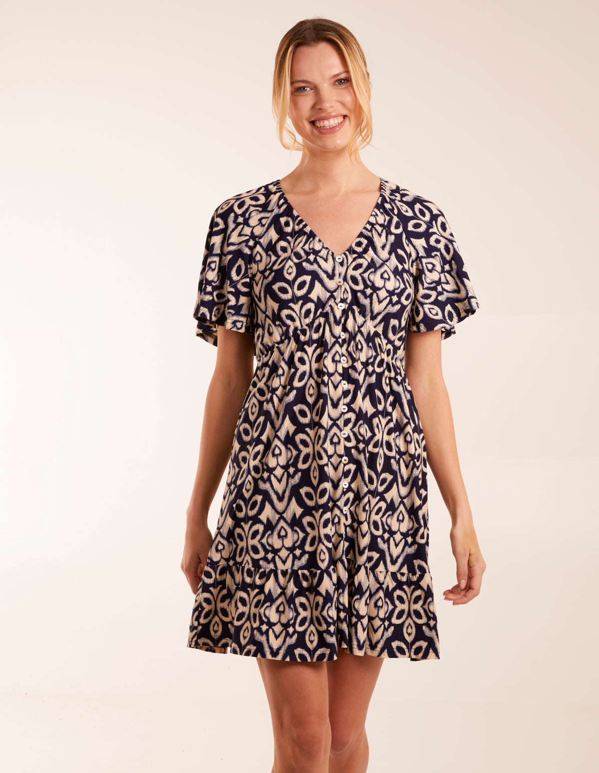 Button Through Elastic Waist Mini Dress 