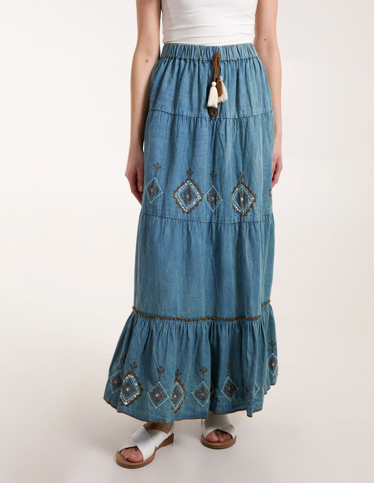 Denim Embroidered Tiered Skirt 