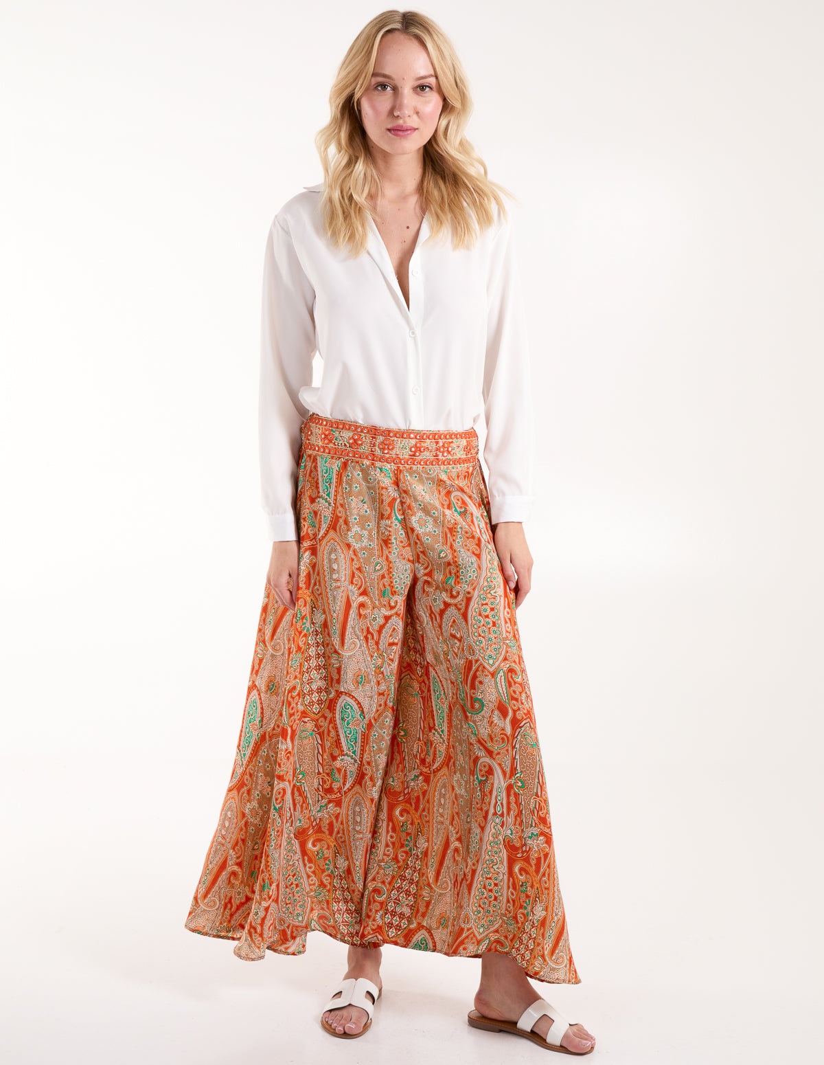 Embellished Waist Wide Leg Trousers 