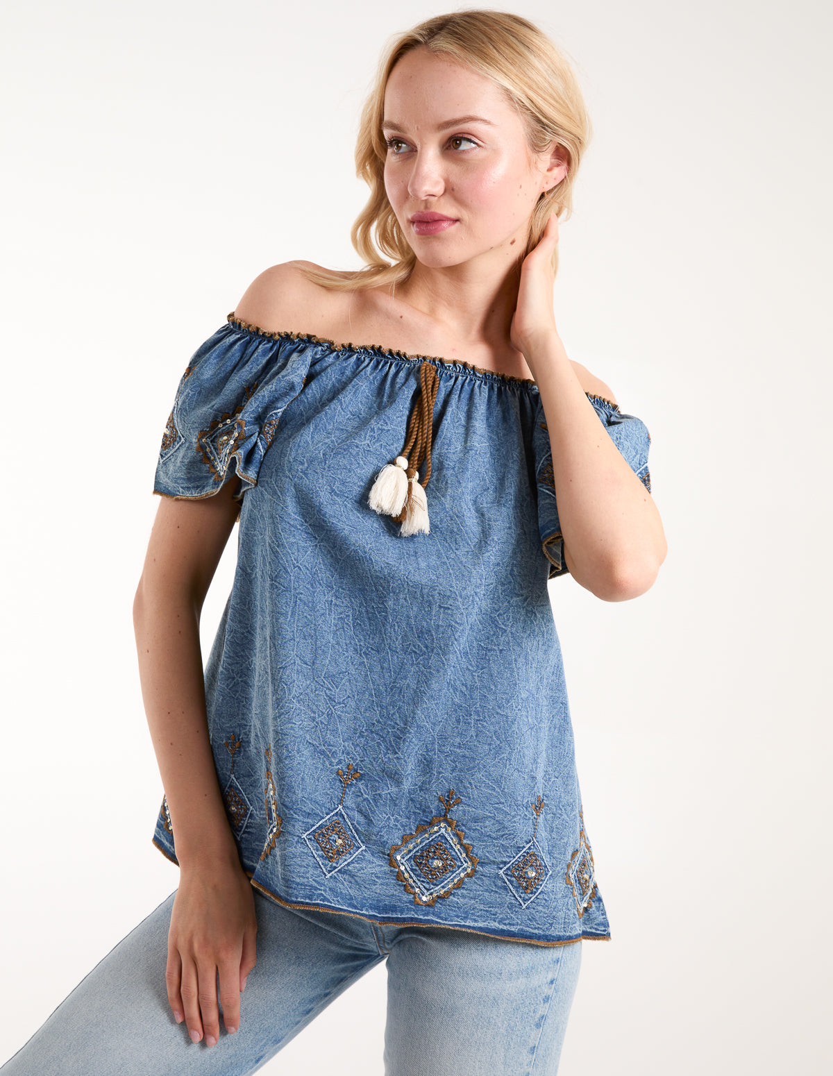 Denim Embroidered Bardot Top 