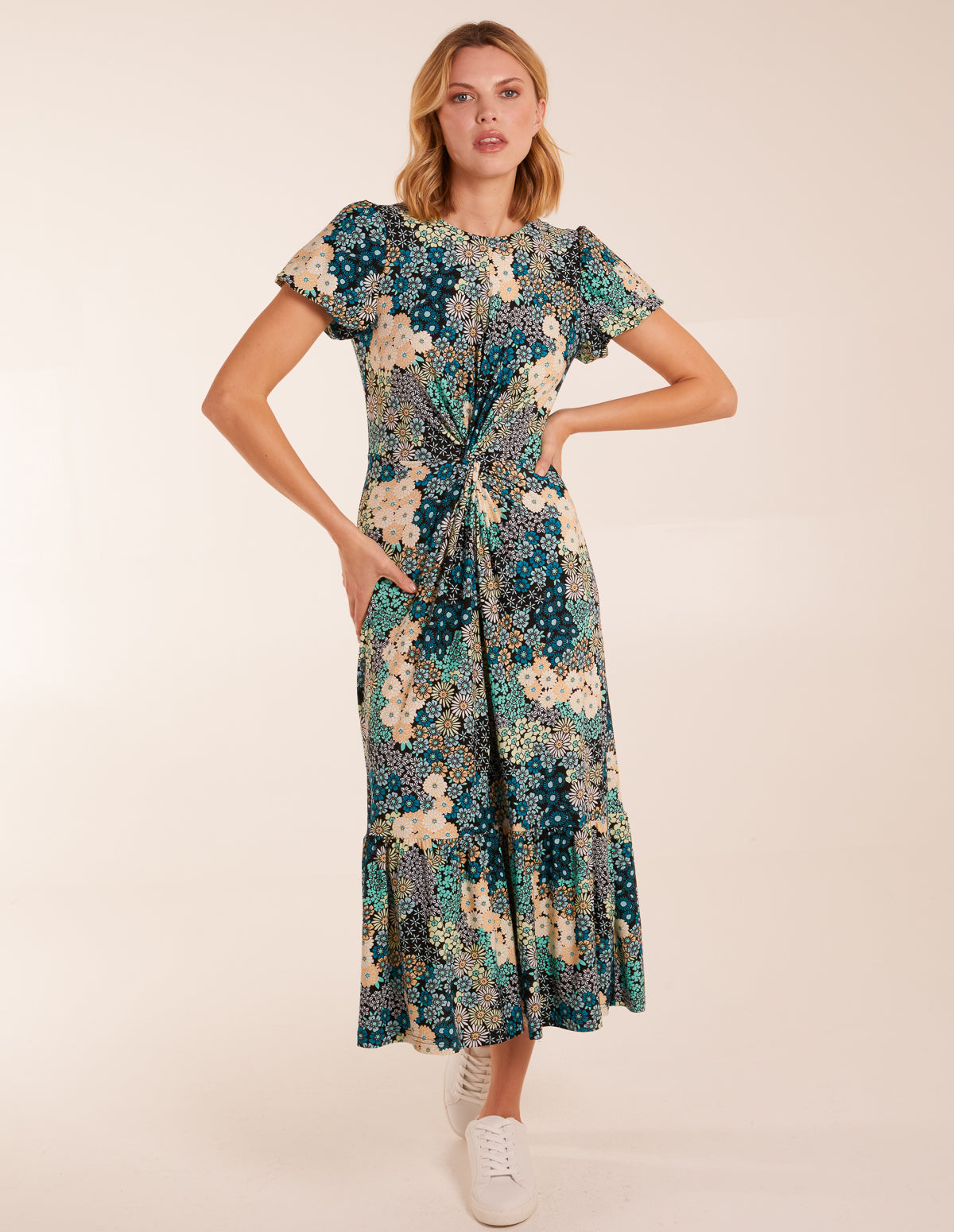 Crew Neck Knot Front Floral Midi Dress 