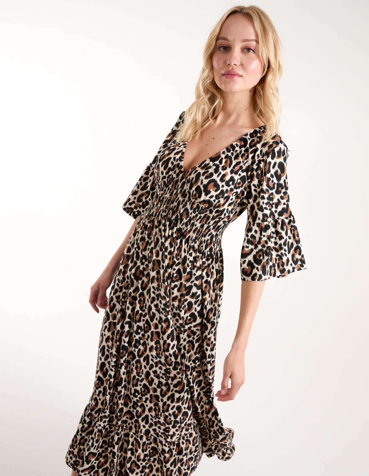 Leopard Print Elasticated Neck Shirred Waist Midi Dress 