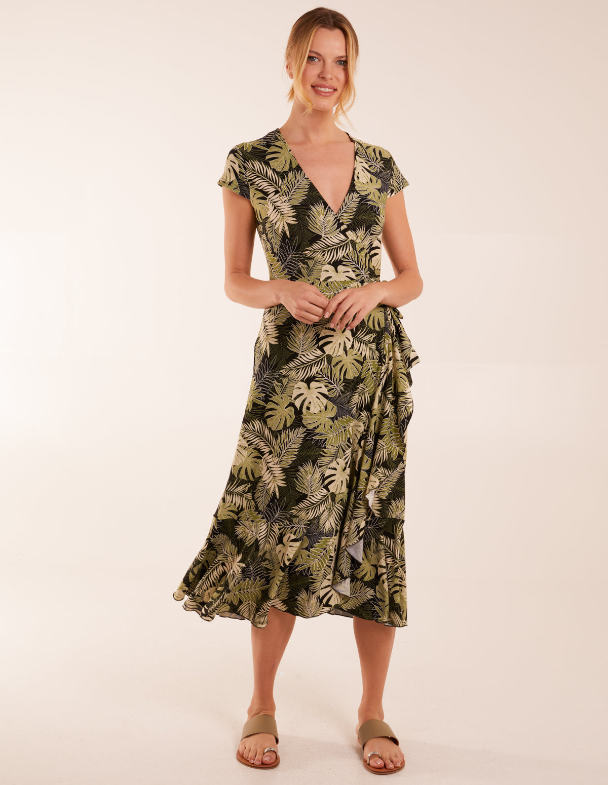 Tropical Print Wrap Front Midi Dress 