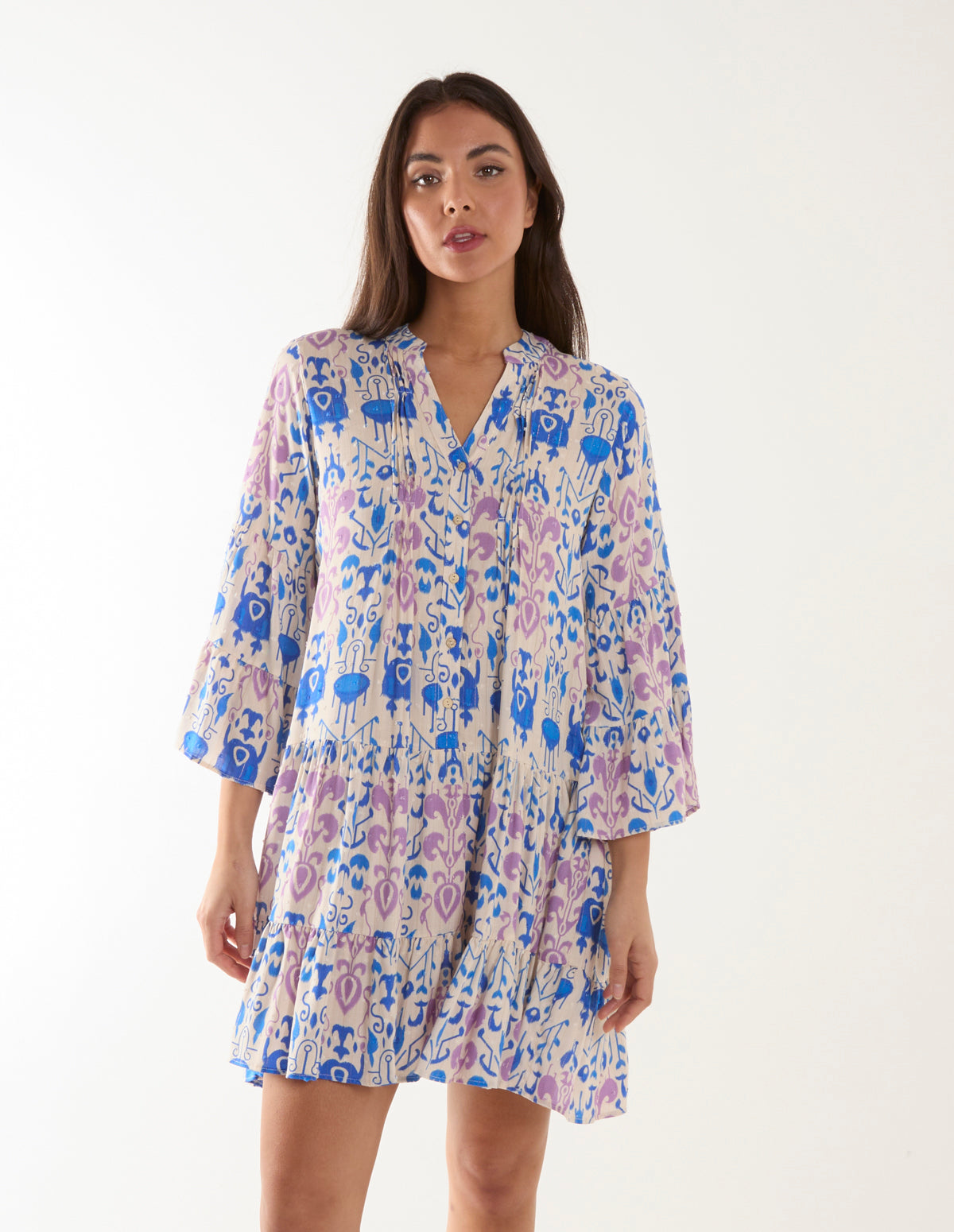Pin Tuck Tiered Abstract Smock Dress 