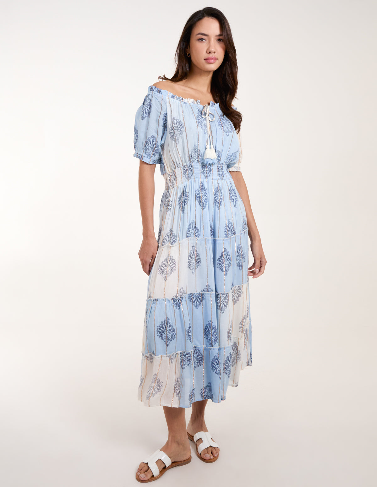 Printed Bardot Tassel Midi Dress 