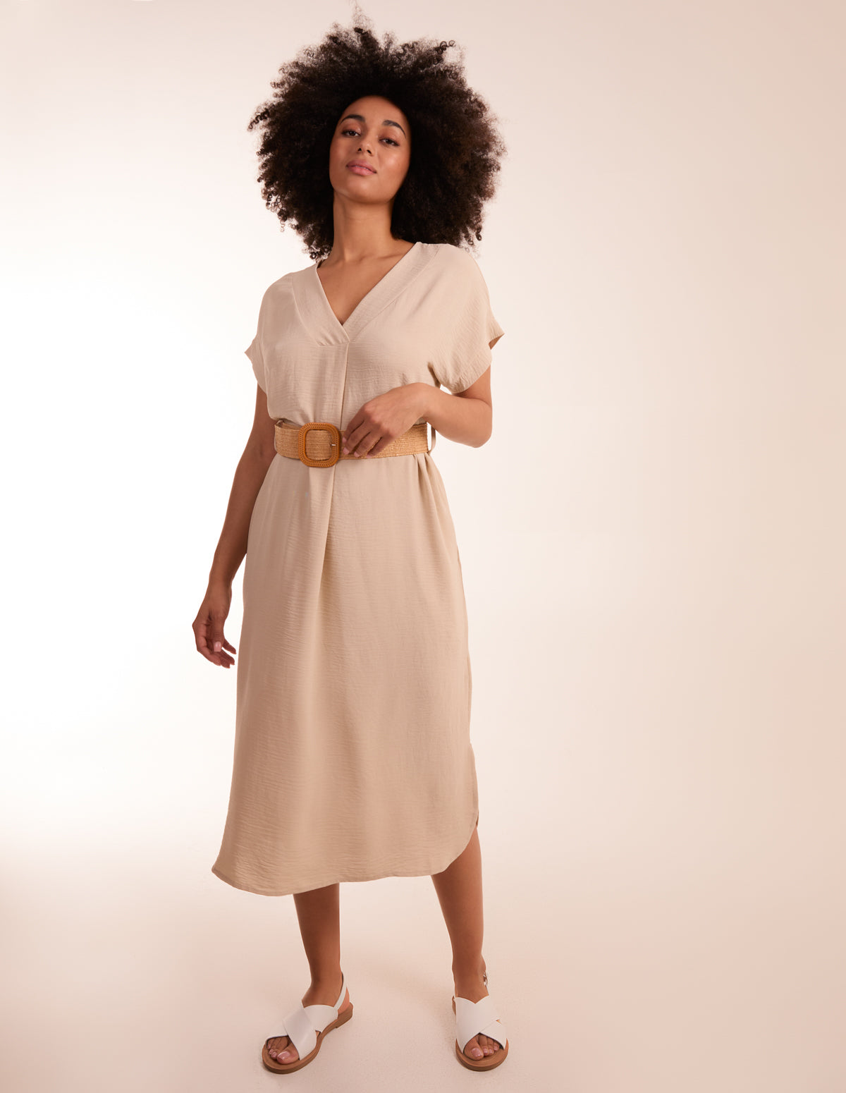 Belted V neck Midi Dress 