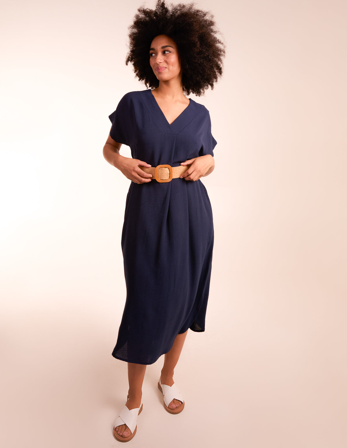 Belted V neck Midi Dress 