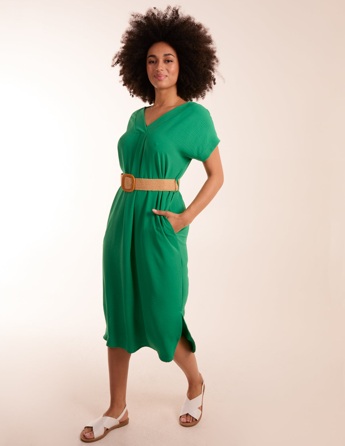 Belted V neck Midi Dress 