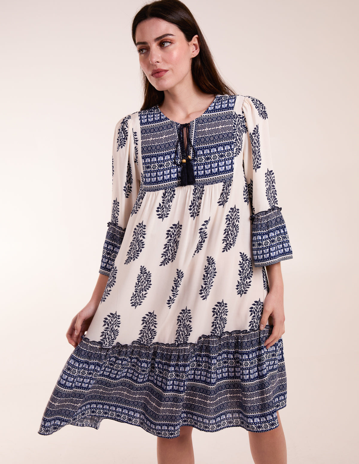 Mix Print Smock Dress With Tassel 