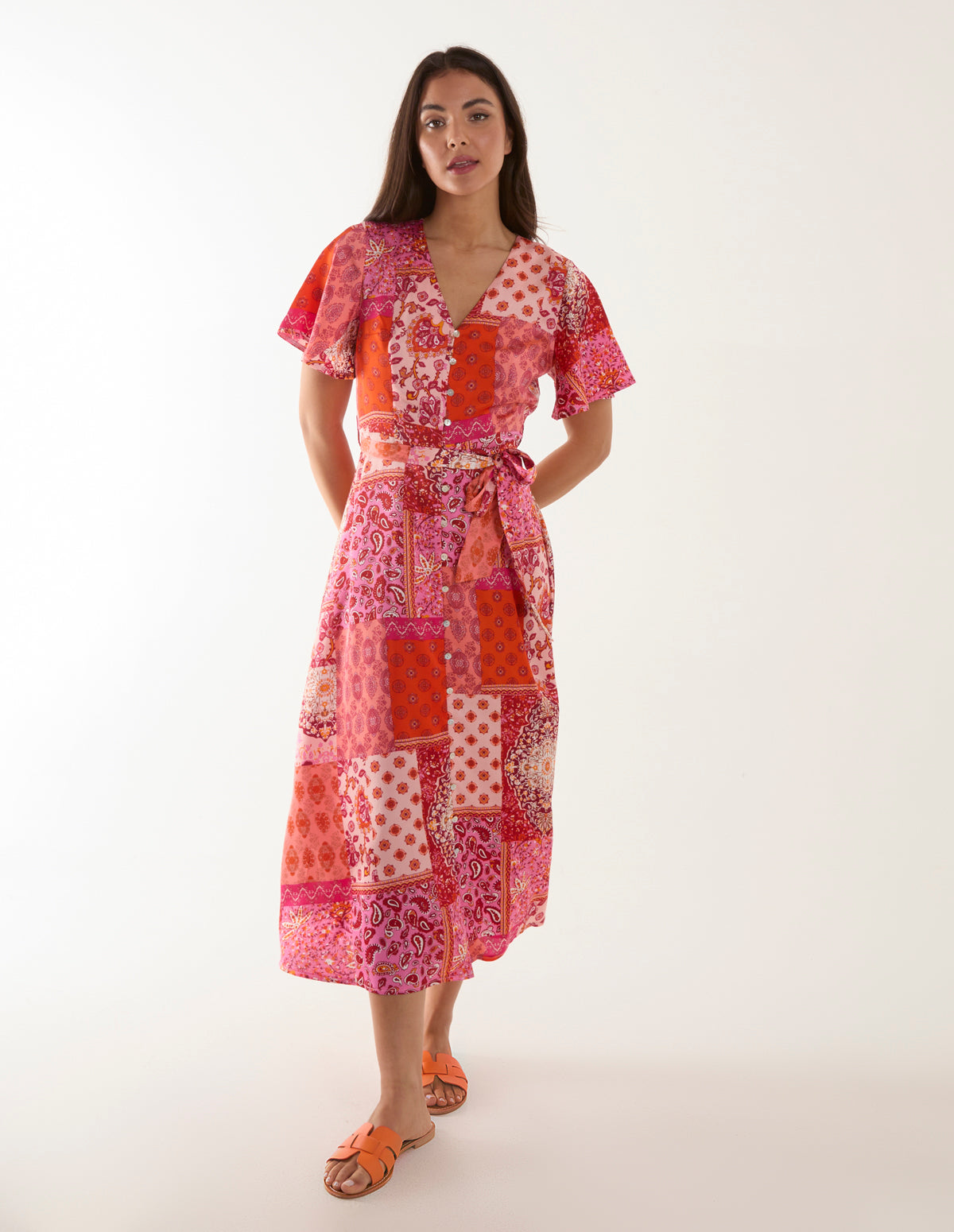 Patchwork Button Through Belted Midi Dress 