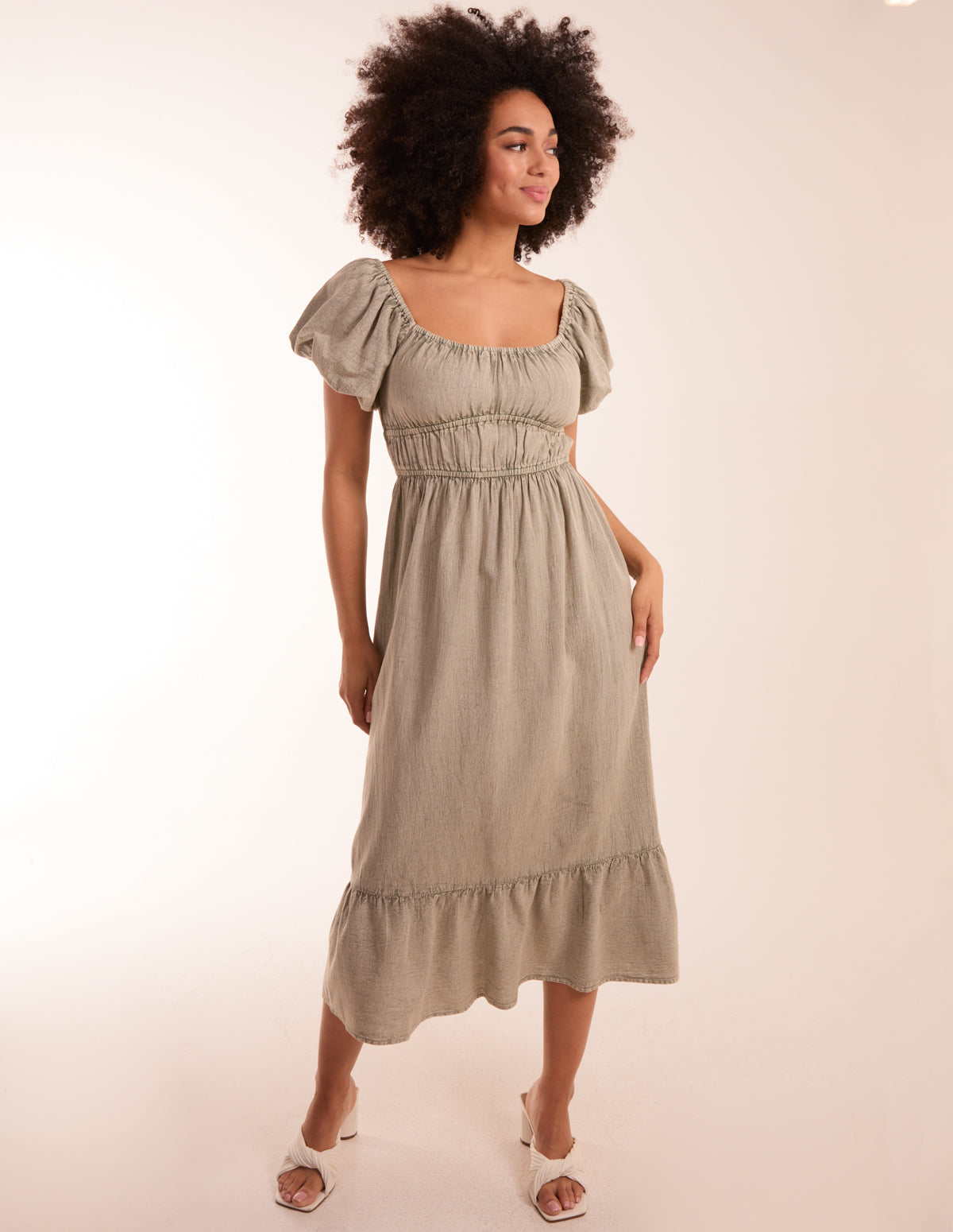 Washed Puff Sleeve Midi Dress 