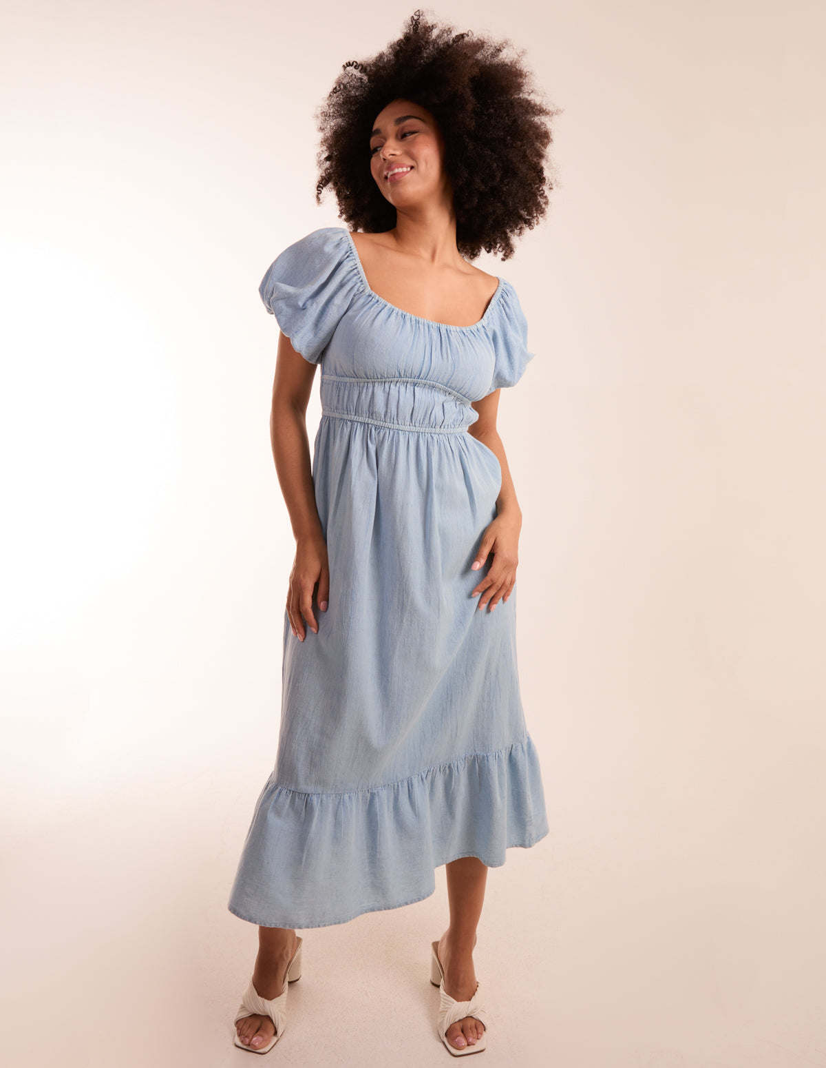 Washed Puff Sleeve Midi Dress 