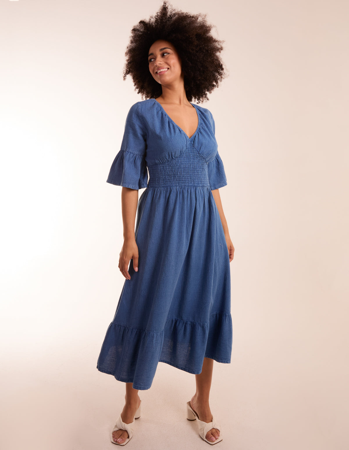 V Neck Shirred Midi Dress 