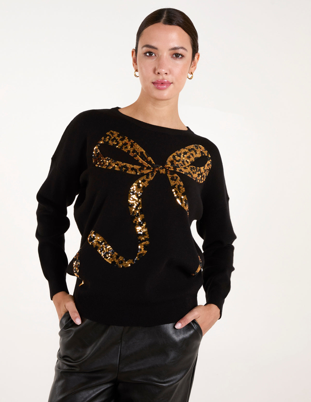 Christmas Leopard Bow Sequin Jumper 