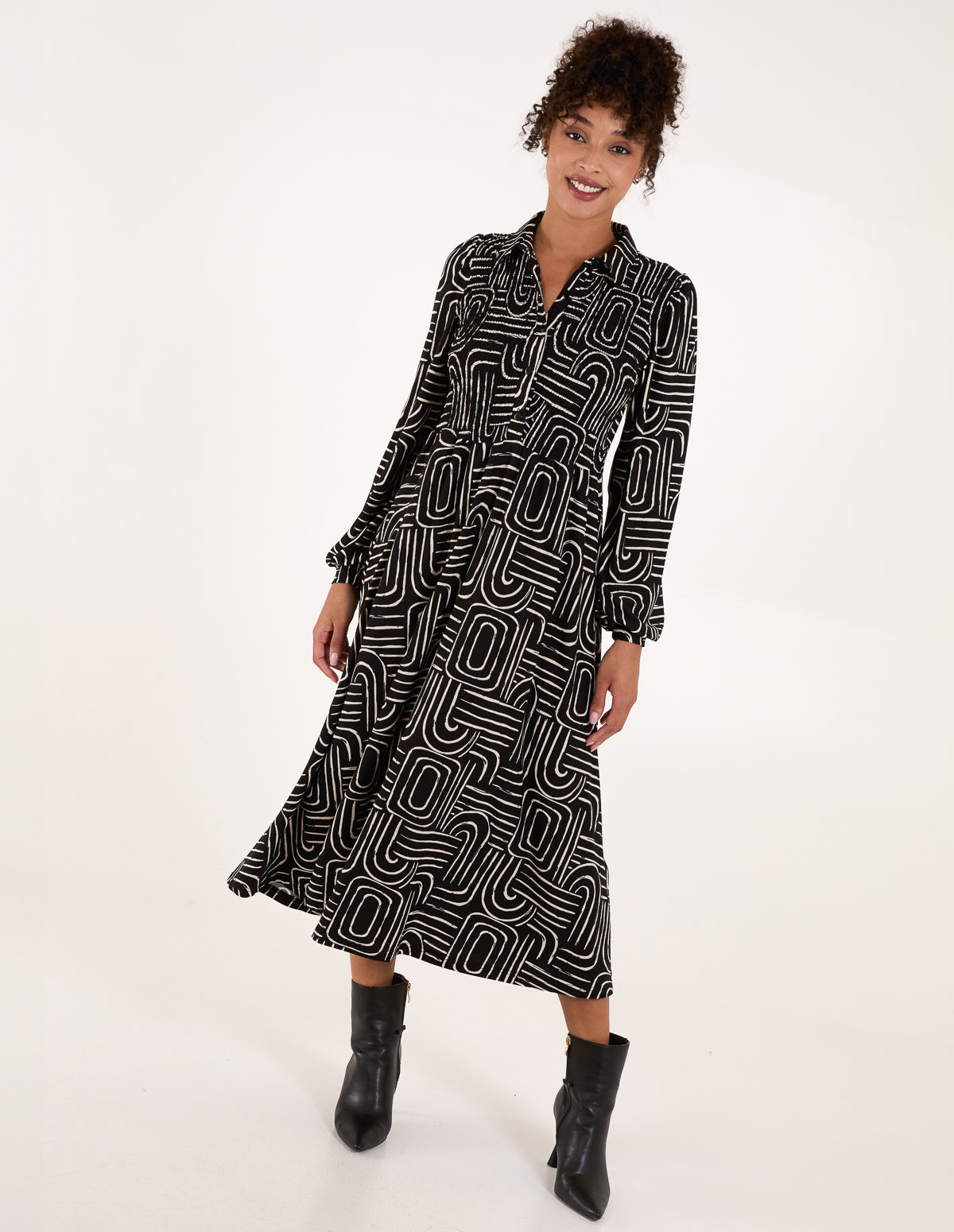 Shirred Bust Long Sleeve Shirt Midi Dress 