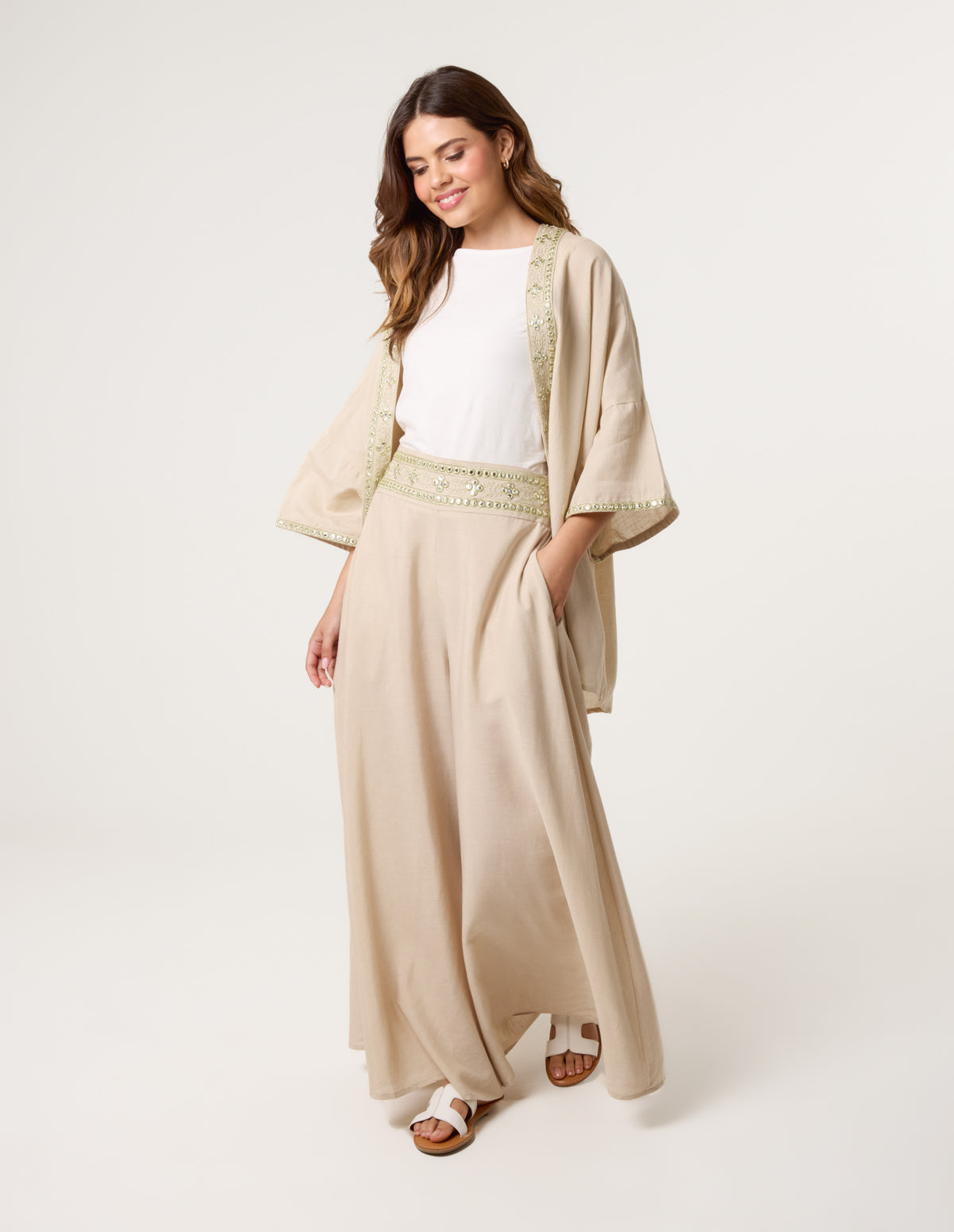 Wide Leg Embellished Linen Trousers - L / STONE