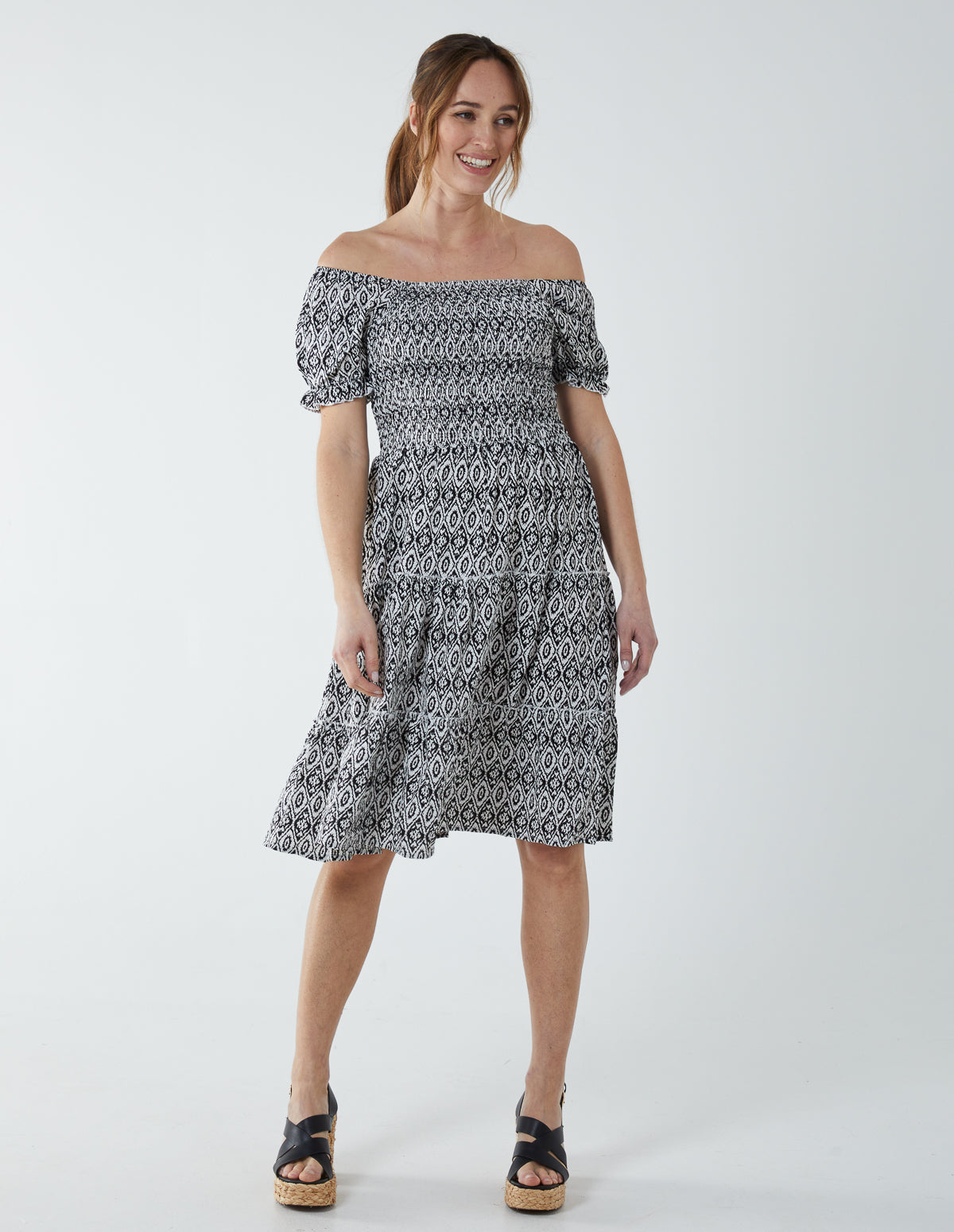 Puff Sleeve Shirred Dress 